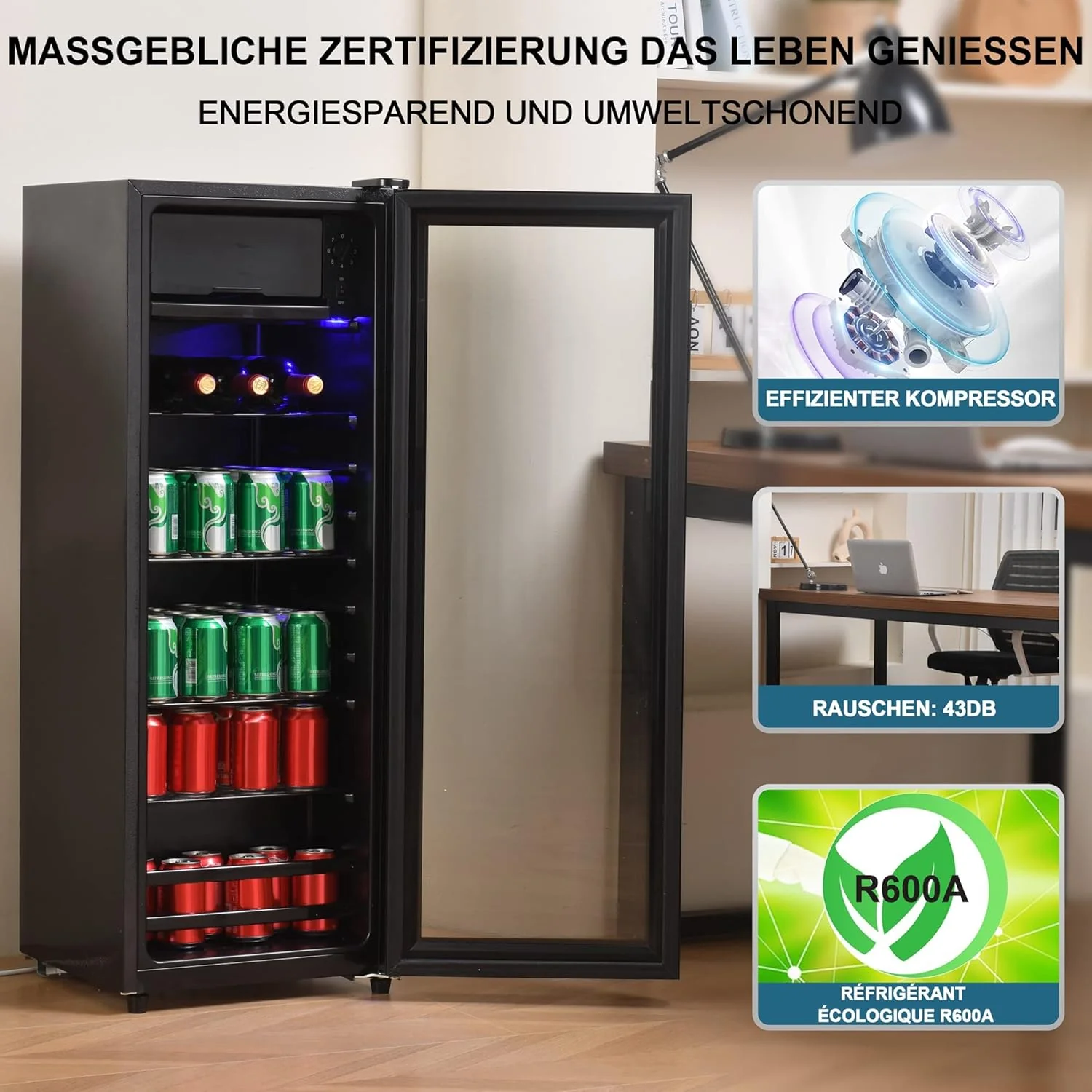 Merax Koelkast 128L, Vrijstaande Drankkoeler met 120L Koelruimte + 8L Vriezer, met LED Binnenverlichting en Verstelbare Legplanken, Superstil voor Restaurant, Bar, Drankjes en Bier