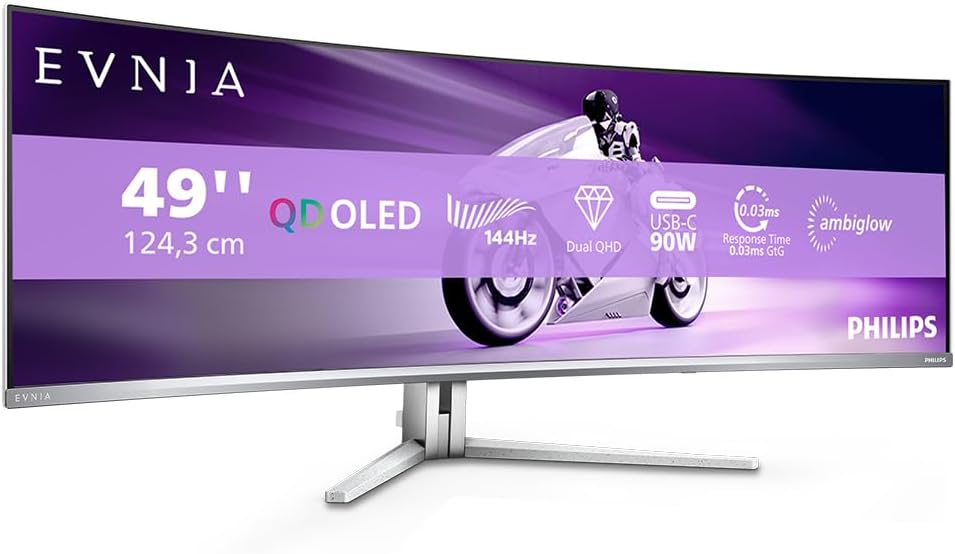 Philips Evnia 49M2C8900L - Monitor da gioco curvo OLED DQHD da 49 pollici, 144 Hertz, 0,03 ms GtG, HDR400, Ambiglow, FreeSync Prem. Pro (5120x1440, HDMI 2.1, DisplayPort 1.4, USB-C, Hub USB) Bianco