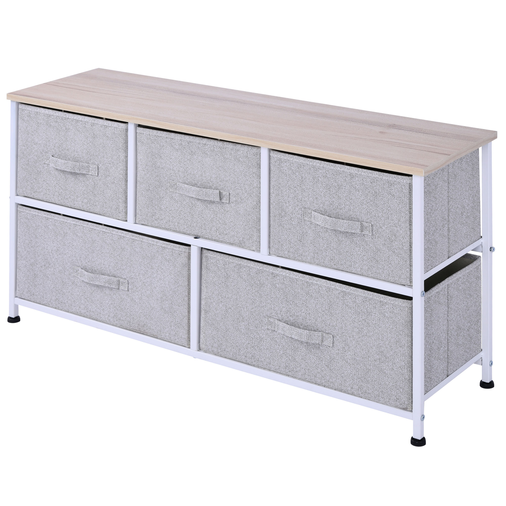 HOMCOM Kommode Aufbewahrungsmöbel 100 x 30 x 54 cm 5 nicht gewebte Schubladen grauer Stahlrahmen weiß helles Holz