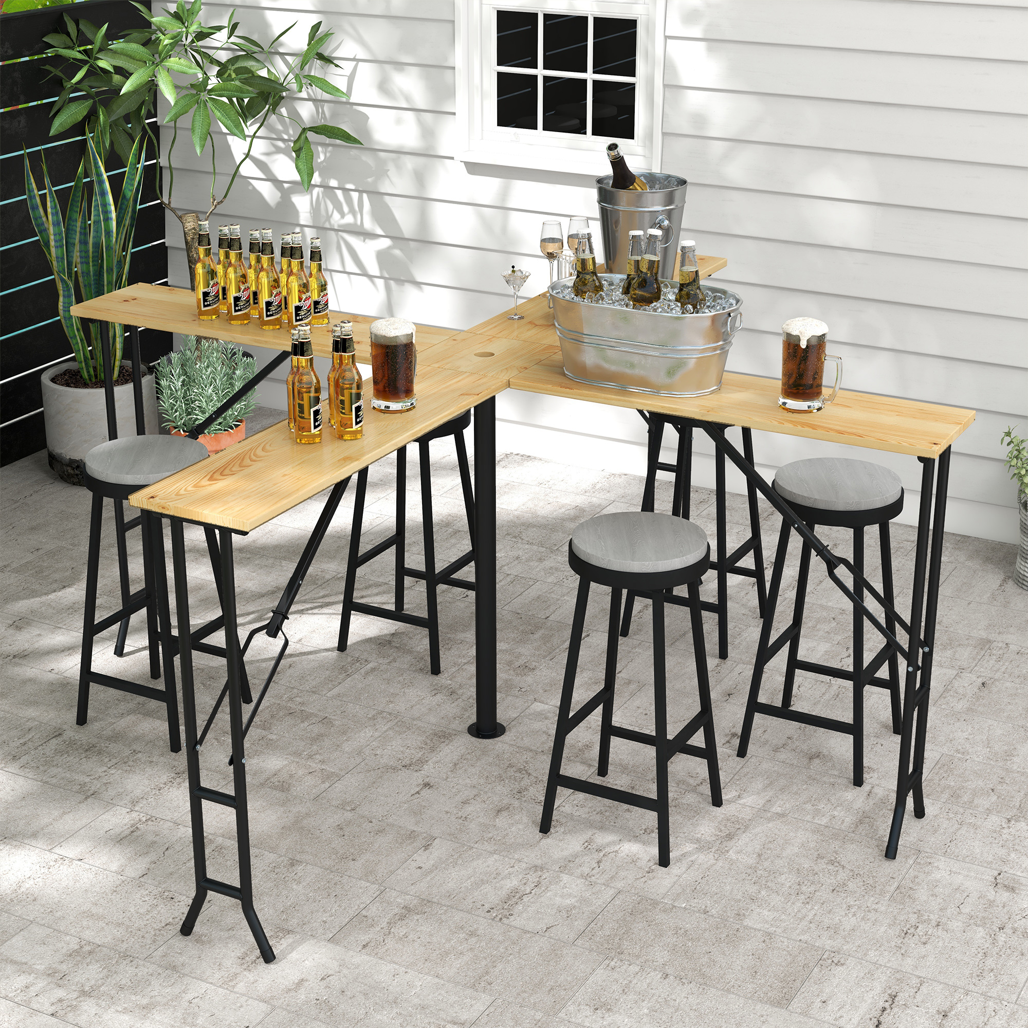 Outsunny Picknicktisch, Outdoor Klapptisch, bis 20 Personen, wetterfest, Metall, Tannenholz, 2,4x2,4x1m, Natur/Schwarz