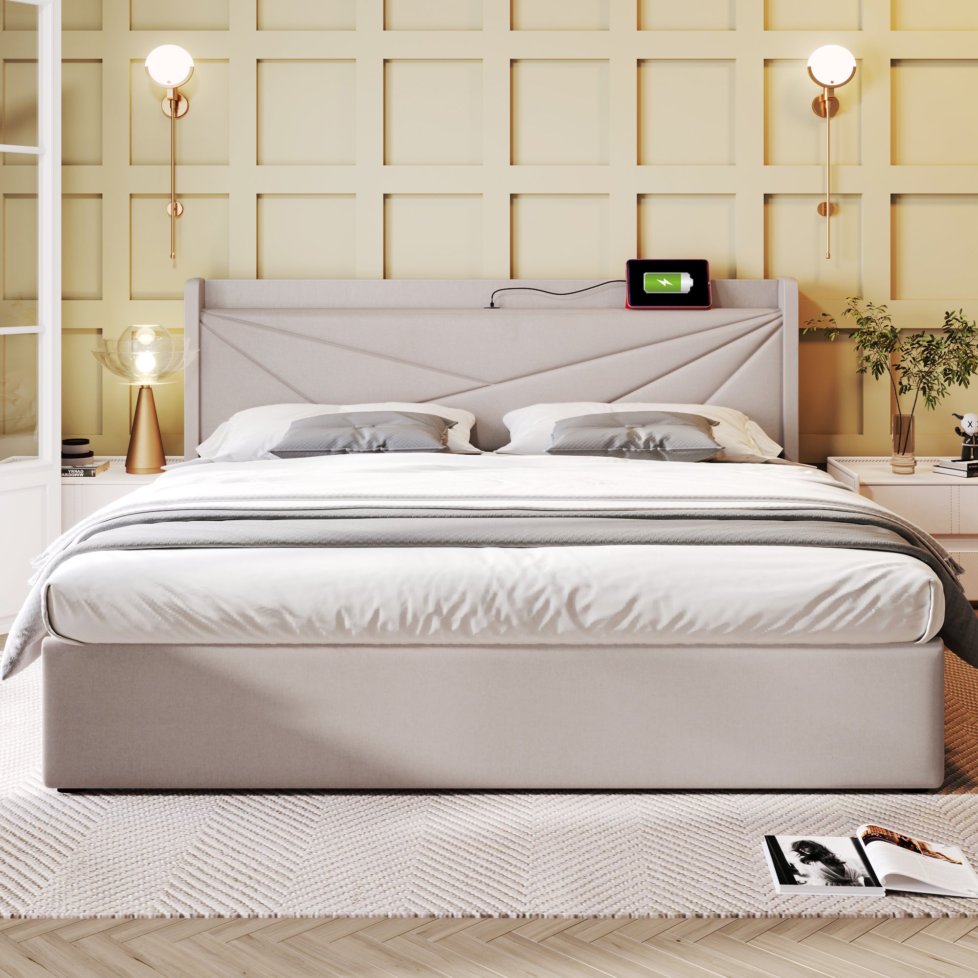 Doppelbett mit Stauraum und USB-Typ-C-Ladefunktion, Leinenstruktur, ohne Matratze, 180x200 cm,Beige