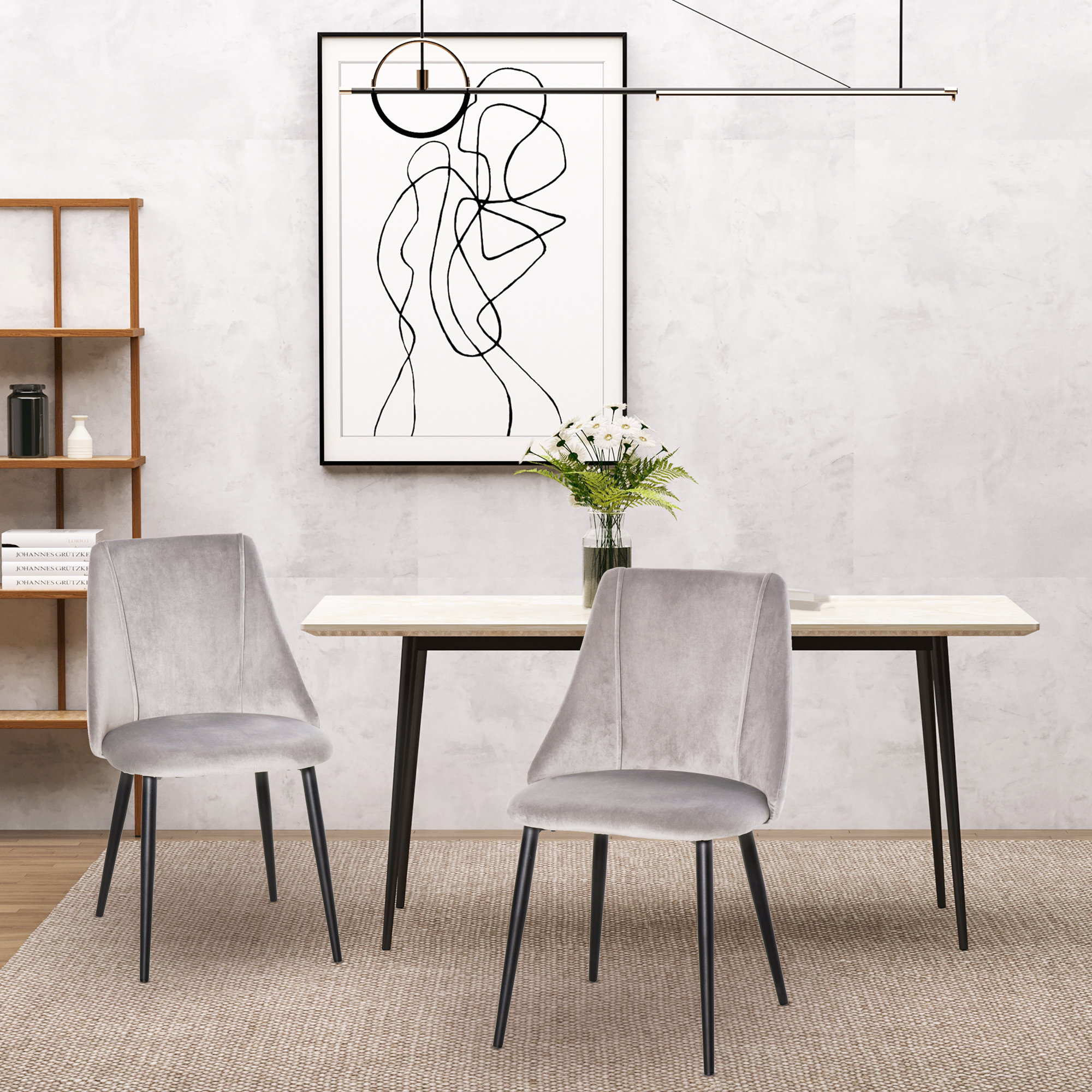 HOMCOM Set mit 2 Esszimmerstühlen mit gepolsterter Sitzfläche aus Samt und Metallbeinen in Grau
