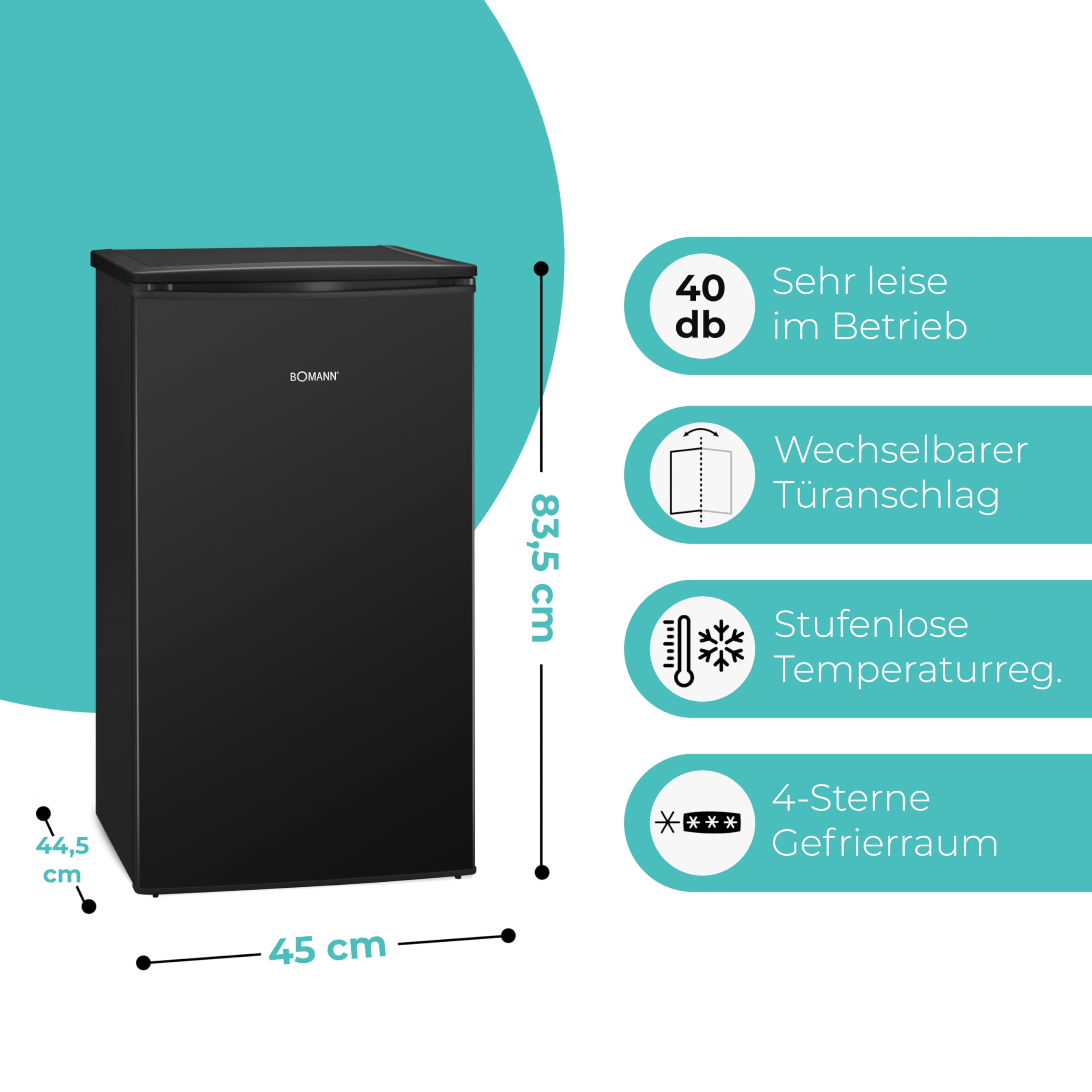 Gefrierschrank 60 L mit 4-Sterne-Gefrierfach, GS 7256, 3 Fächer, leise, wechselbarer Türanschlag, schwarz