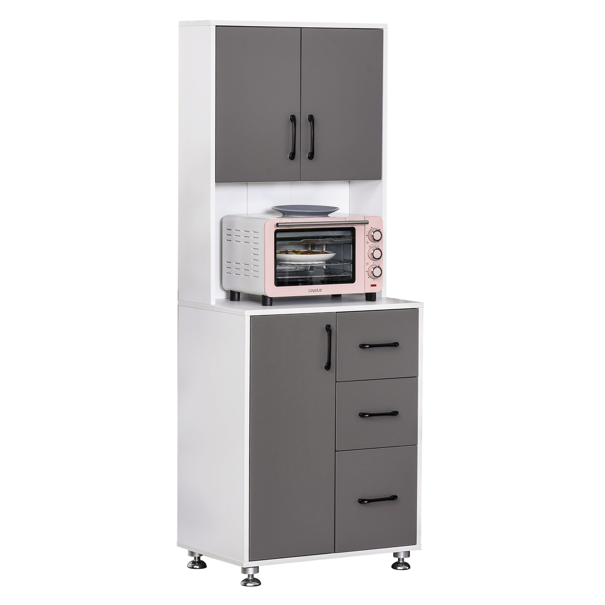 HOMCOM Küchenschrank Hochschrank mit 2 Türen Regal Mikrowellenregal Küchenbuffet mit unterem Aufbewahrungsschrank und 3 Schubladen Kommode Spanplatte Stahl Grau+Weiß 60 x 40 x 160 cm