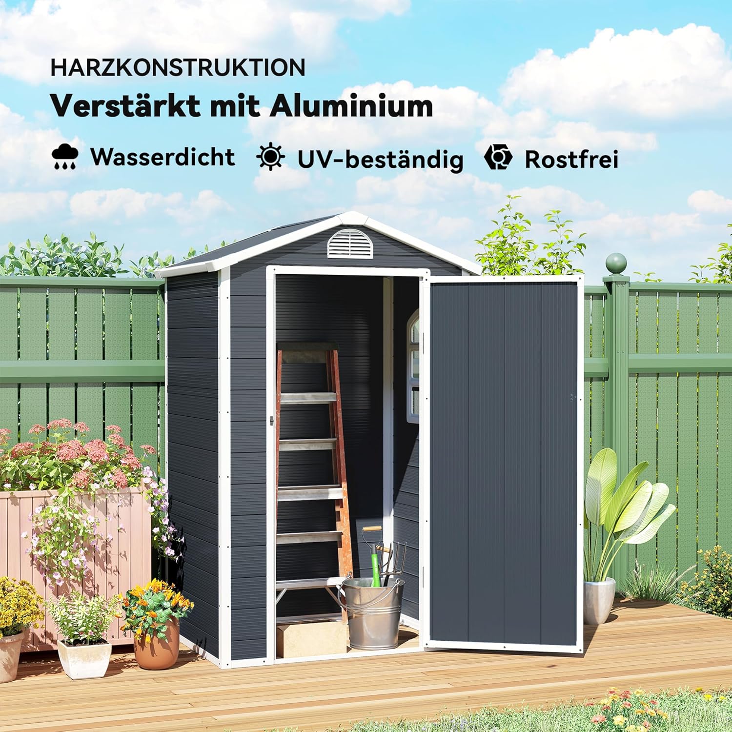 Outsunny Gerätehaus 1,1m², Geräteschuppen mit Satteldach, 134 x 104 x 204 cm, Kunststoff Geräteschuppen mit Abschließbar Tür Belüftungsöffnung Fenster Fundament, Gartenhaus für Garten Dunkelgrau