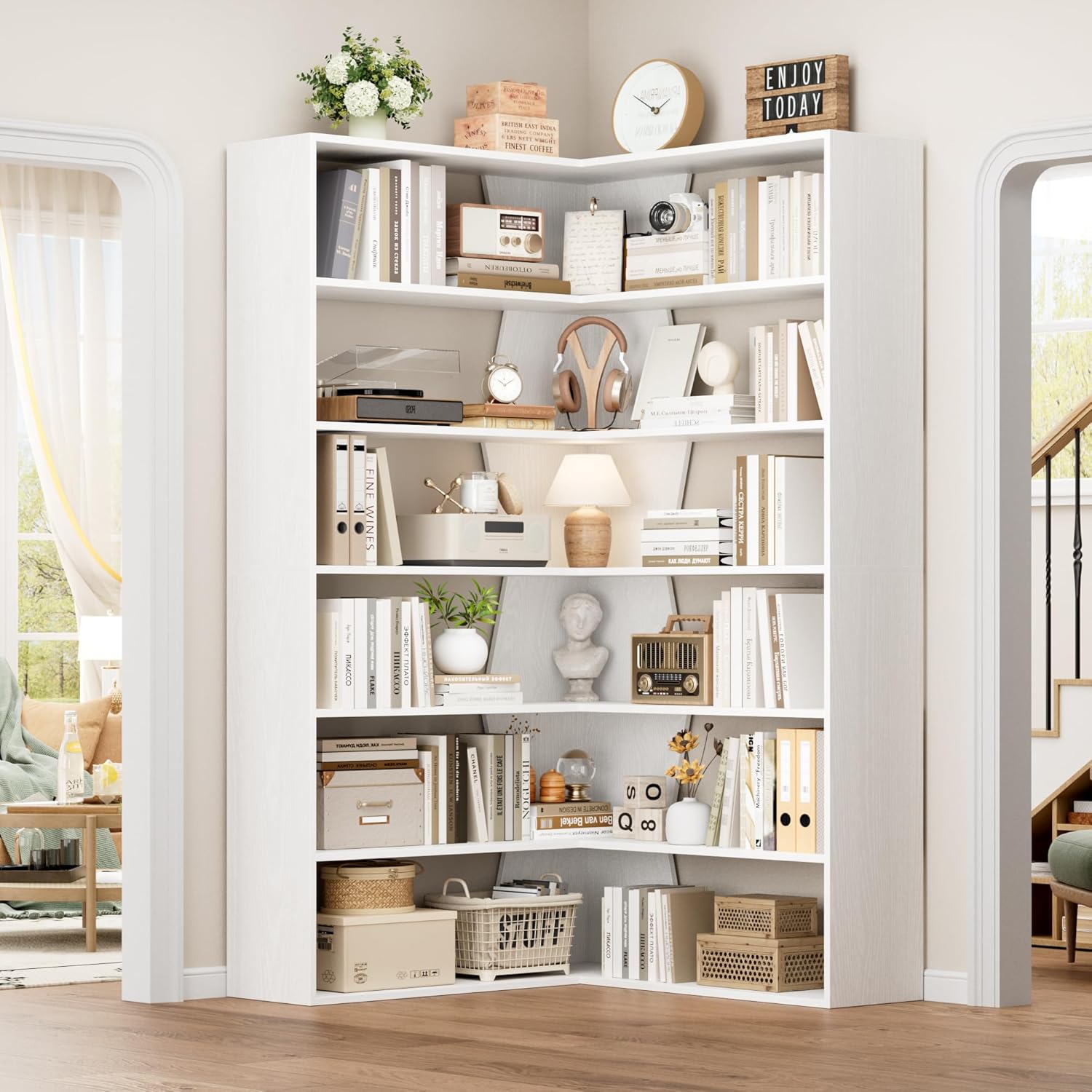 FirFurd 190,5 cm Libreria da Parete, Libreria Angolare a 6 Ripiani, Scaffale Angolare in Legno, Librerie con Scomparti Aperti, per Soggiorno, Studio, Ufficio, 90x90x190,5cm (Bianco)