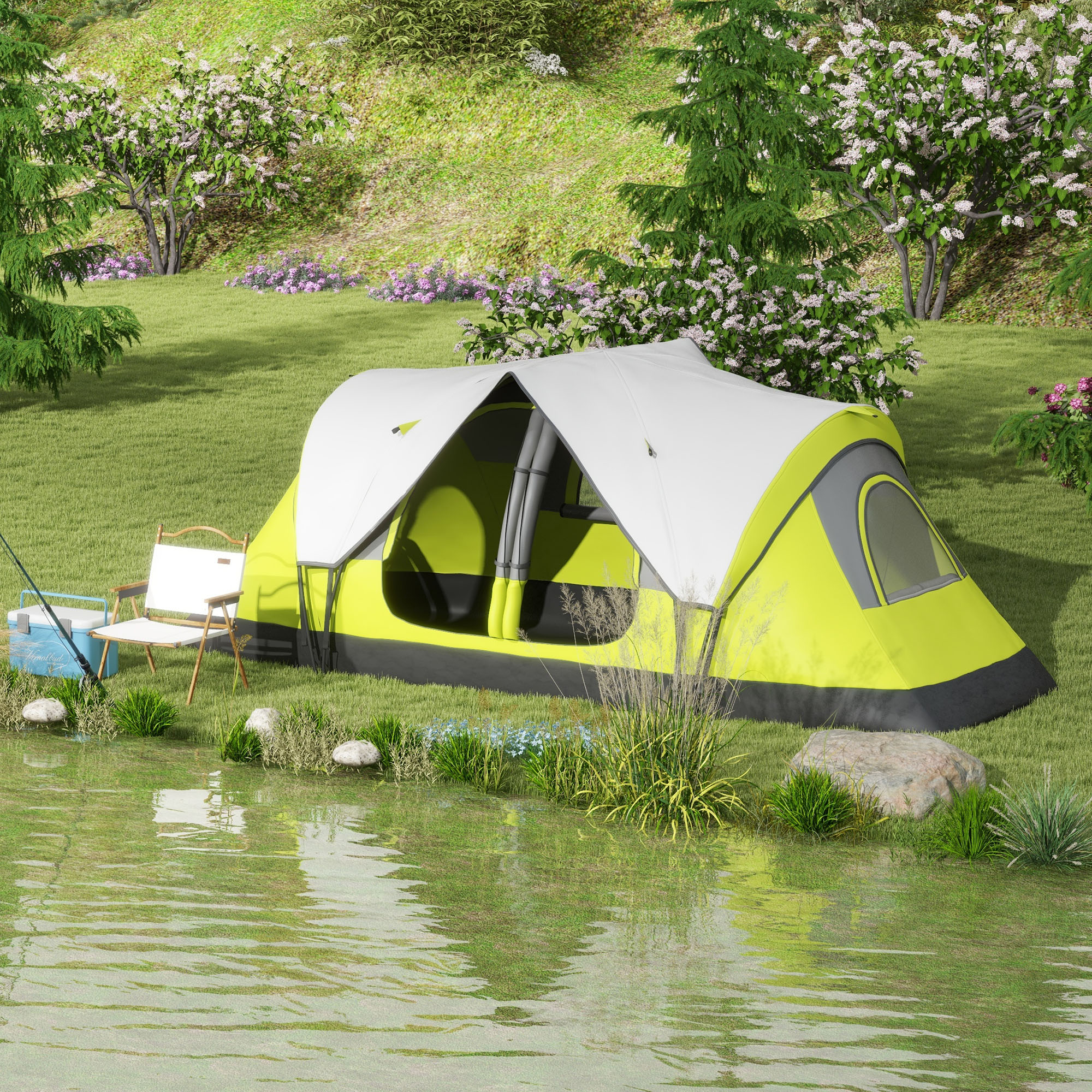 Campingtent, 2 Kamers, Scheidingswand, voor 6 Personen, Regenbescherming, Donkergroen