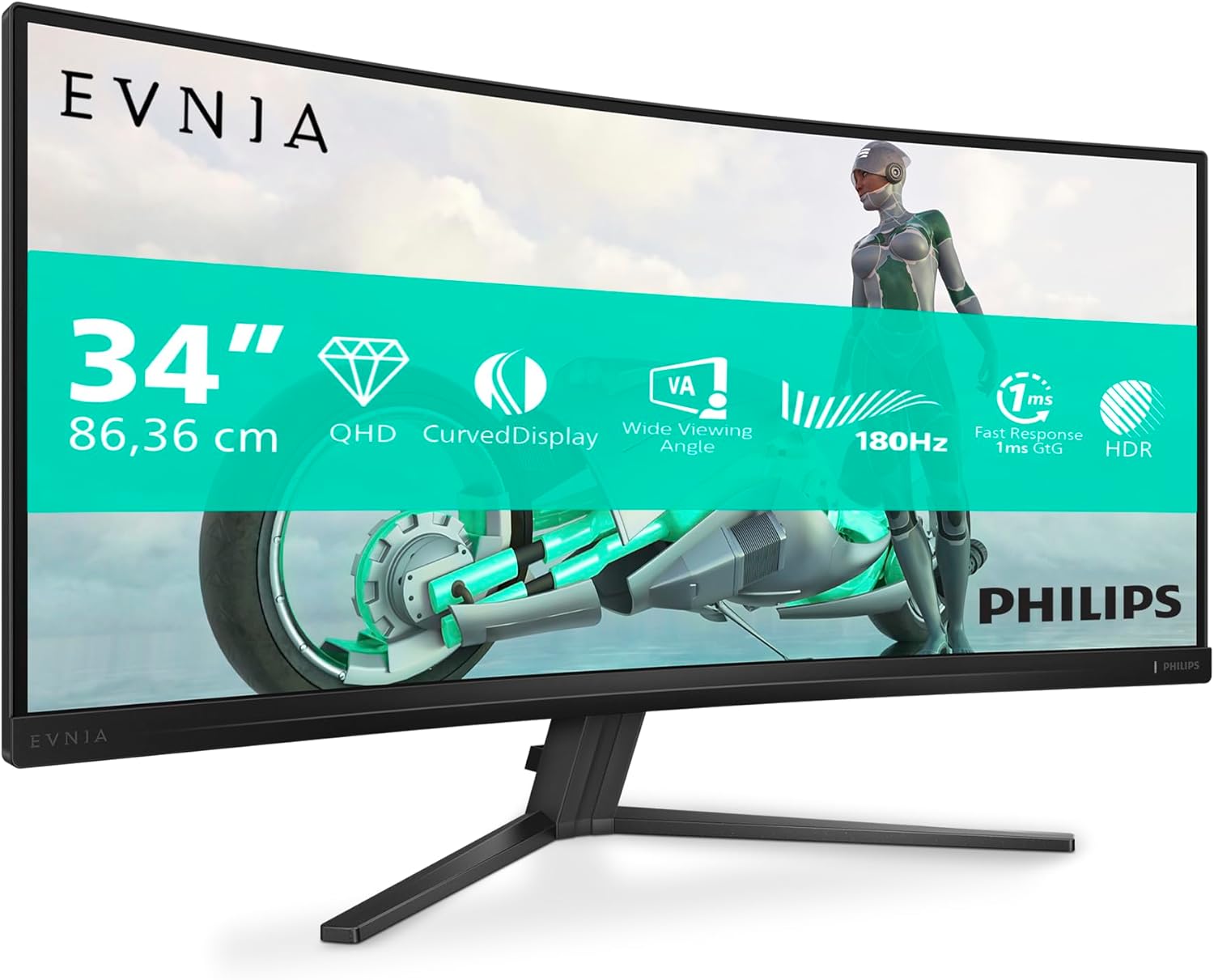Evnia 34M2C3500L - Monitor gaming curvo WQHD da 34 pollici, 180 Hz, 0,5 ms, FreeSync Premium, HDR10 (3440x1440, 2x HDMI, DisplayPort 1.4) grigio scuro