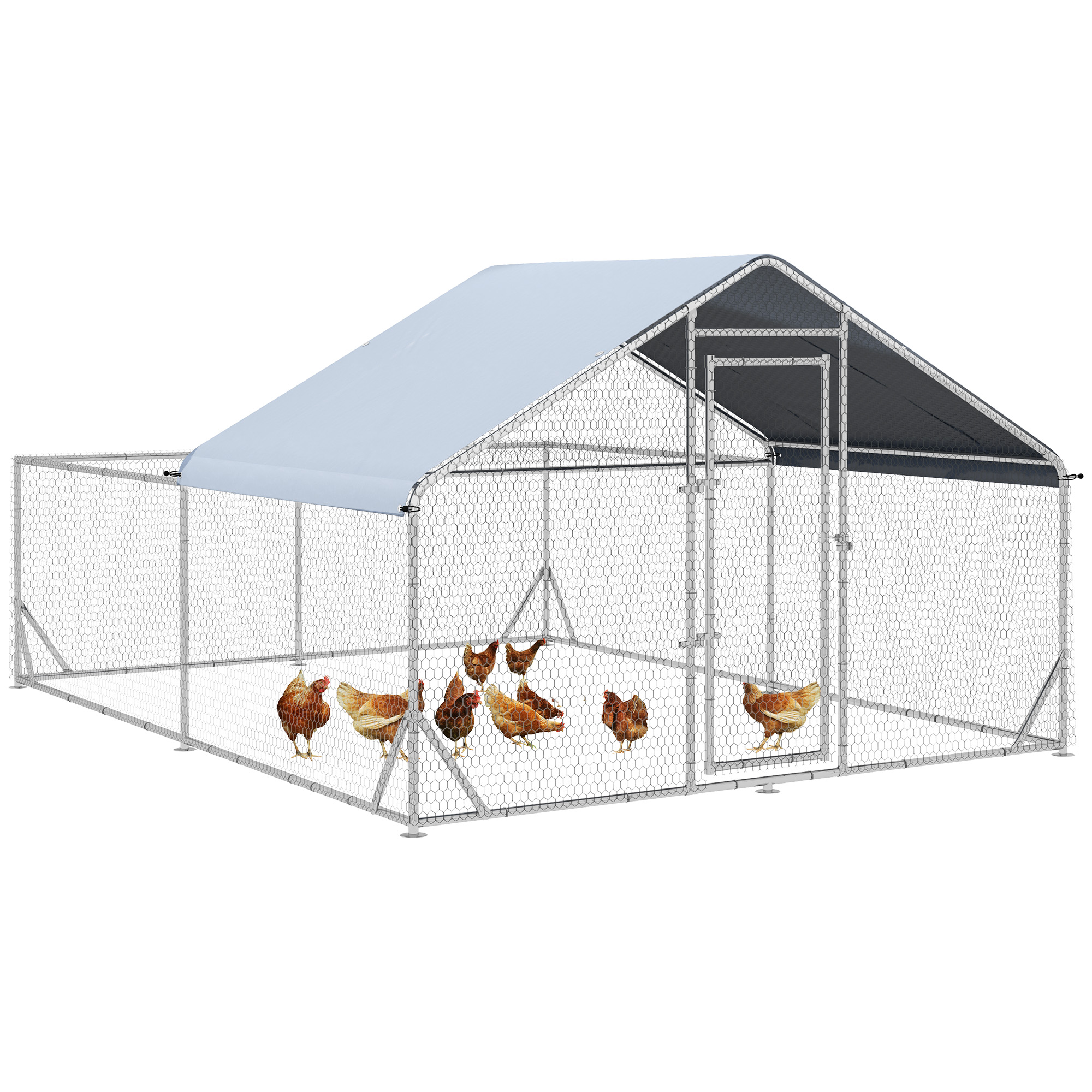 PawHut Zwerghühnerstall, wetterbeständig, begehbarer Stall, Stahlgitter, 400 cm x 300 cm x 195 cm, Silber