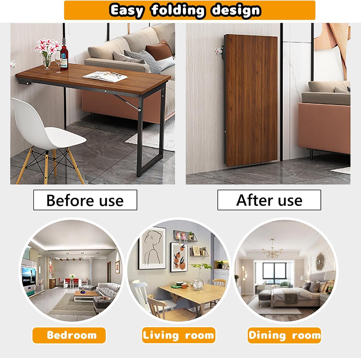 Wandtisch klappbar Drop-Leaf-Wandklapptisch, klapptisch wandhalterung, klappbarer Küchentisch für 2-4 Personen, 90×60×75cm, Klapptisch Wand Platzsparender, Küchenregal für Balkon