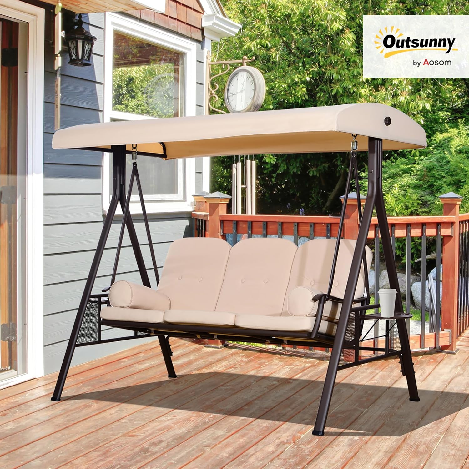 Outsunny Balancín de Jardín Exterior de 3 Plazas Columpio de Jardín Exterior con Toldo Ajustable Bandejas Laterales 2 Almohadas y Marco de Metal Carga 360 kg 208x121x172 cm Beige