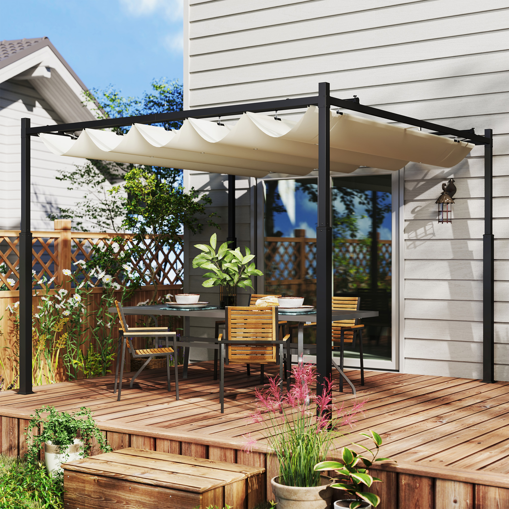 Tuin Pergola, 3 x 3 m, Uitschuifbaar Dak en Magneetpad, Buiten Luifel, Tuinpaviljoen, UPF30+, Metaal, Cr��mewit