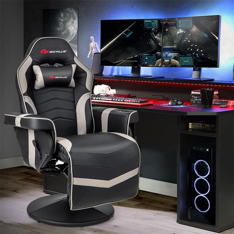 Ergonomic Gaming Recliner Chair with Massage, Retractable Footrest & Cup Holder, Height Adjustable Racing Style Swivel Video Game Chair