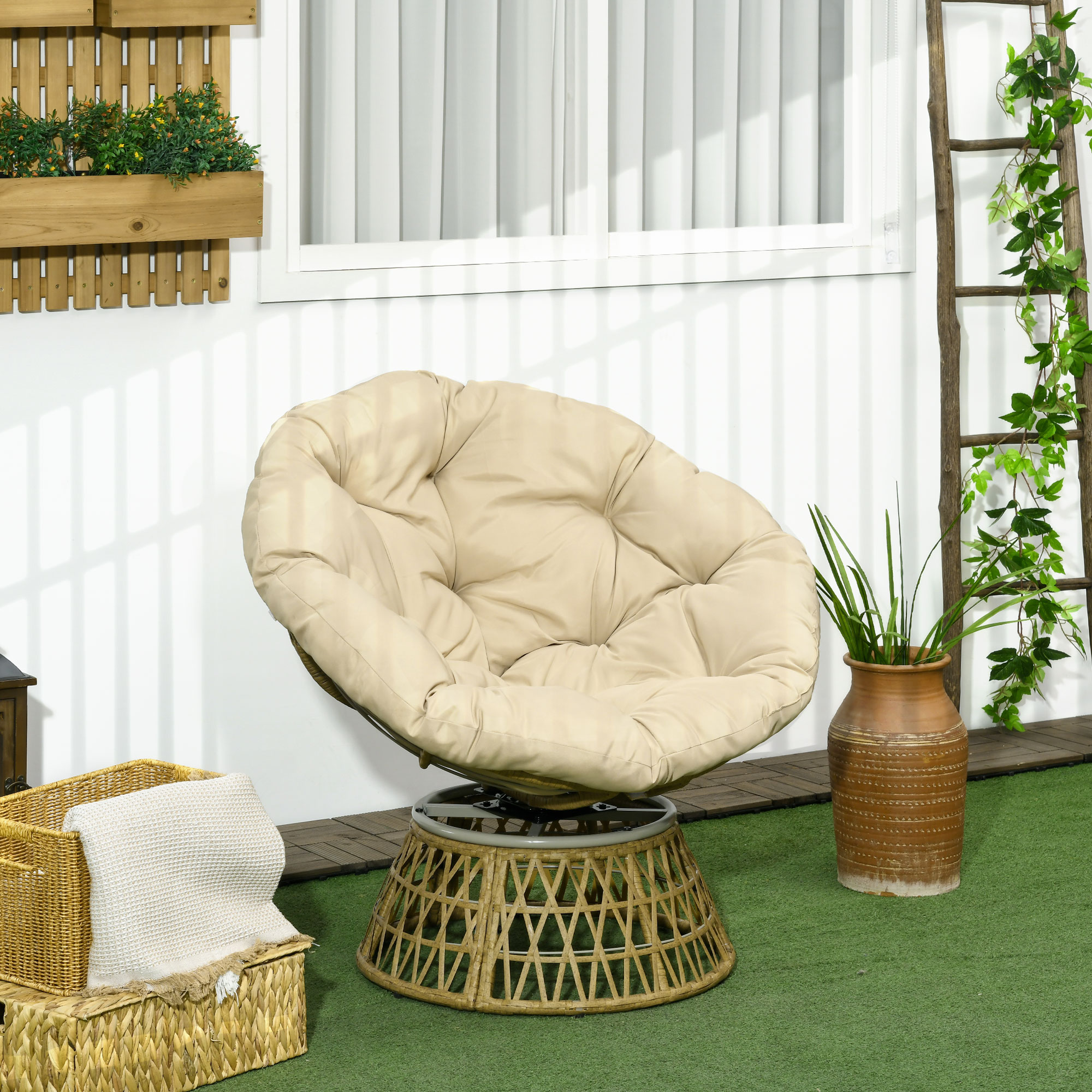 Outsunny Korbsessel Rattansessel Outdoor-Sessel, Boho-Stil, wetterbeständig, 85 cm x 70 cm x 82 cm, Creme + Natur