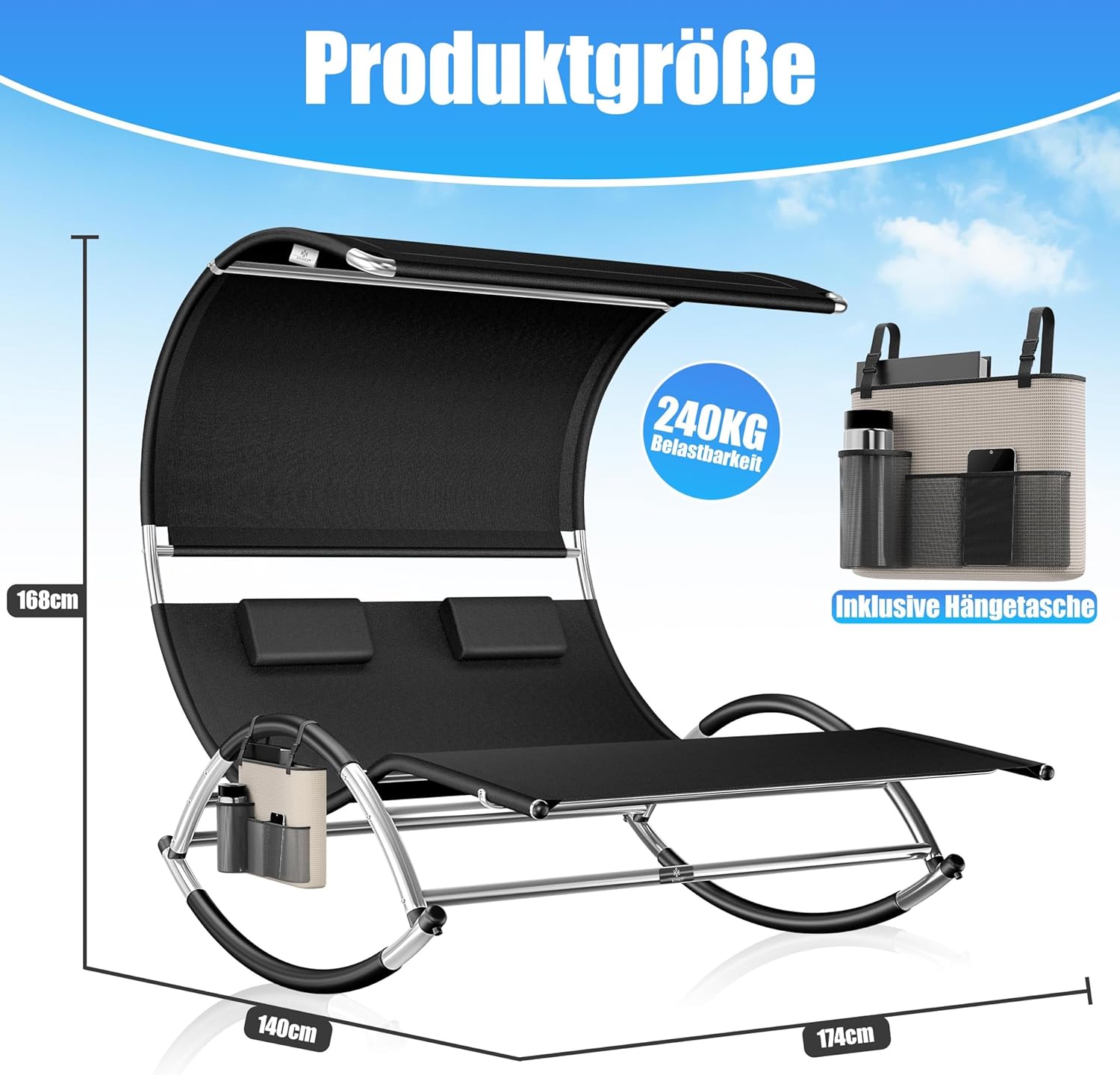 KESSER® Doppel-Sonnenliege Doppelliege mit Sonnendach, Kopfkissen Tasche für 2 Personen, Relaxliege, Gartenliege, Schaukelliege ergonomische Liegefläche, 240 kg Belastung, Seitentasche, Schwarz