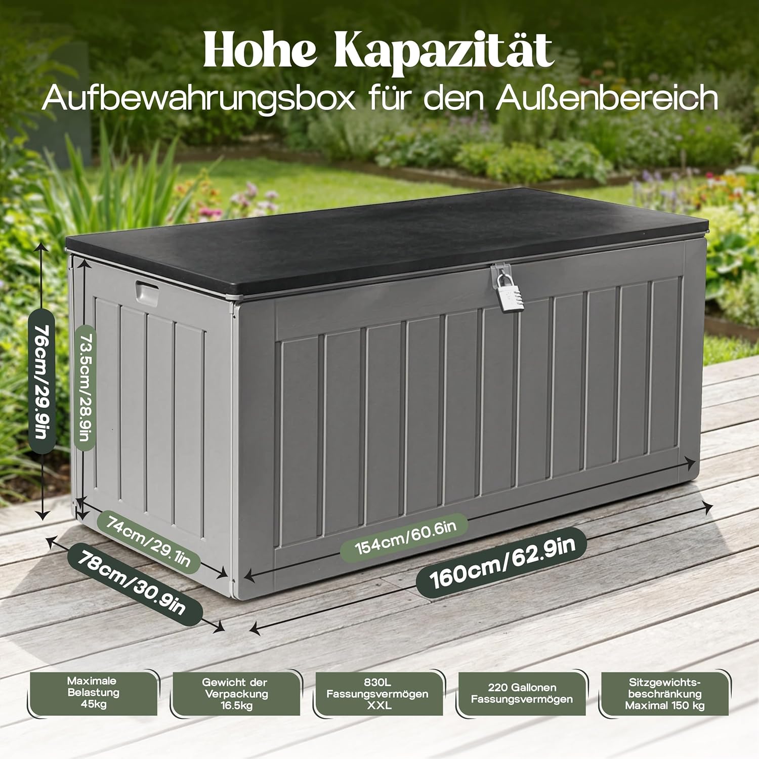 Olsen & Smith Aufbewahrungsbox XXL 830L Gartenbox Mit Deckel Groß, Auflagenbox Wasserdicht Kissenbox, Gartenschrank Für Kissen Und Storage Boxes Für Garten Balkon Terrasse Anthrazit Paketbox