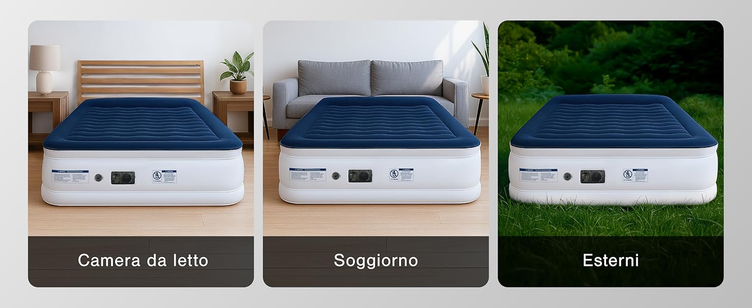 Il testo recita: 'Camera da letto, Soggiorno, Esterni'. Tre dispositivi elettronici bianchi identici mostrati in diverse impostazioni della stanza.