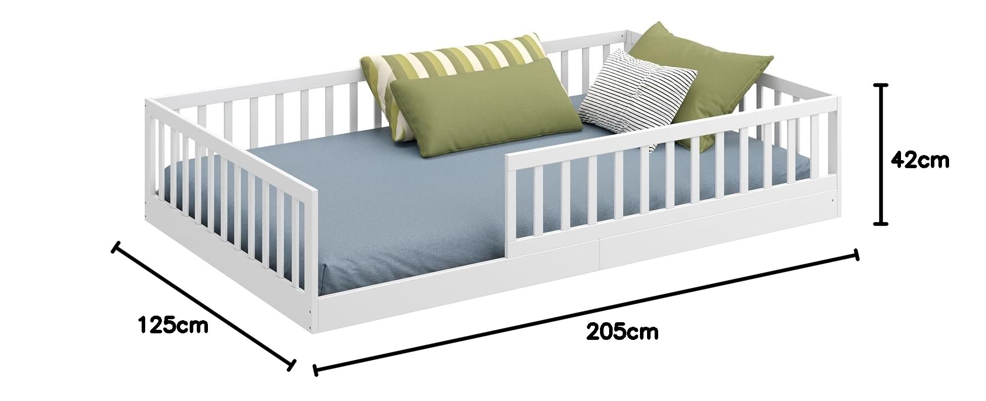 Cadani Timi XL Bodenbett 120x200 cm Weiß mit abnehmbarem Rausfallschutz und bis 200 kg belastbar