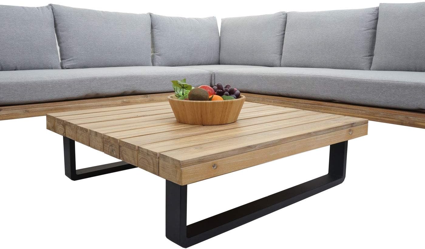 Mendler HWC-H54 Outdoor Garden Living Room Set Acacia Wood Aluminium Light Brown with Light Grey Cushions