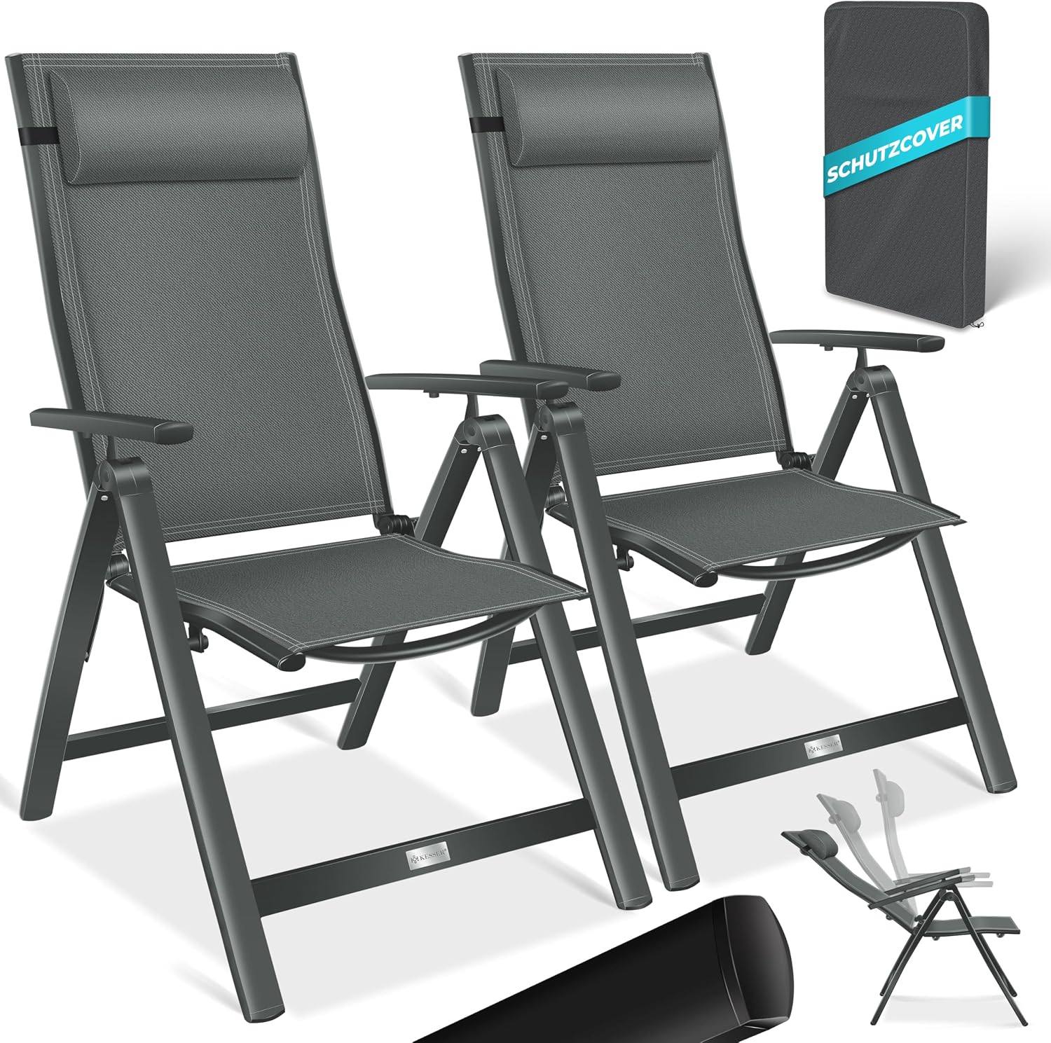 KESSER Gartenstuhl Hochlehner mit Armlehnen 2er Set Aluminium Klappstuhl mit Kopfkissen & Abdeckung Campingstuhl 7-Fach Verstellbar Rückenlehne