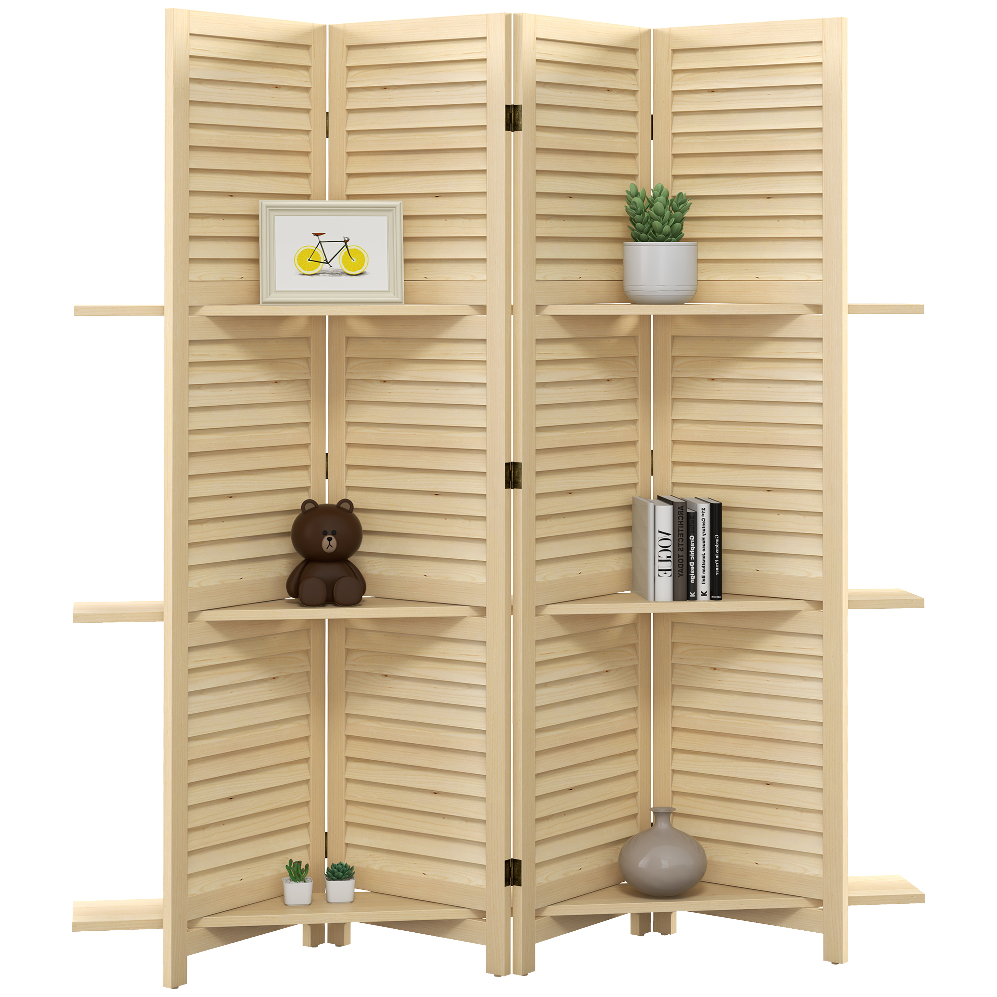 HOMCOM Innenraum-Paravent 4 Paneelen 160L x 170H cm 3 Regale faltbarer Raumteiler mit Lamellentüren natur