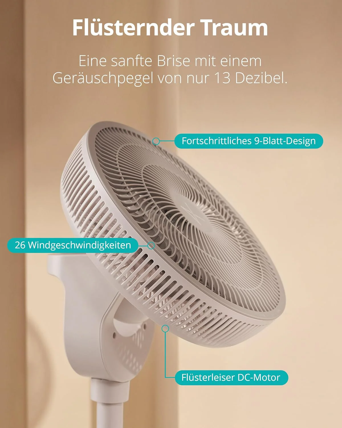 Duux Whisper 2 Statiefventilator Stil - Zuinige DC-motor met 26 snelheden - Ventilator in hoogte verstelbaar (73-95cm) - Horizontale + Verticale oscillatie - Wit