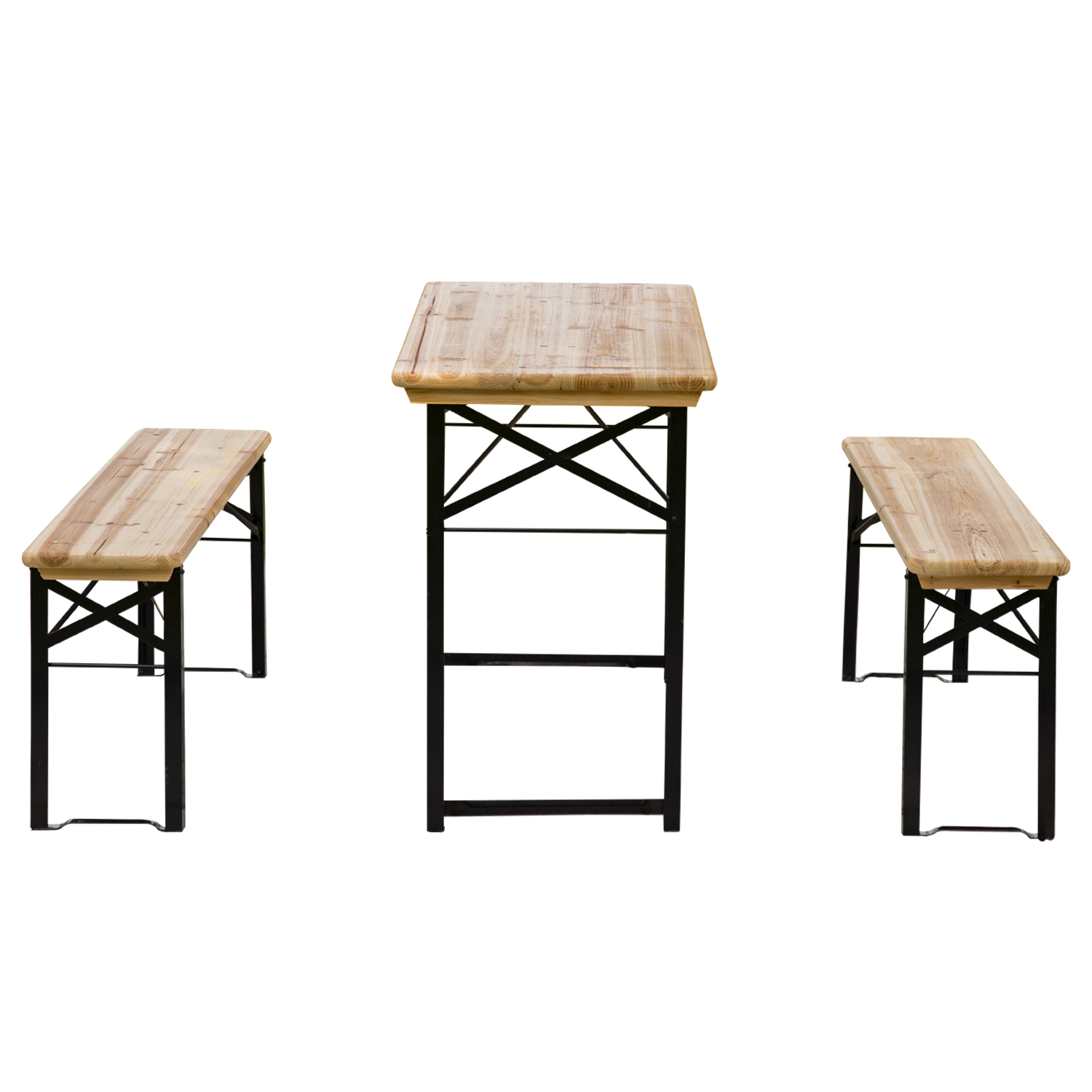 Outsunny Faltbarer Campingtisch mit Picknicktisch + 2 klappbare Bänke aus epoxidbeschichtetem Metall Schwarz Massivholz Fichte