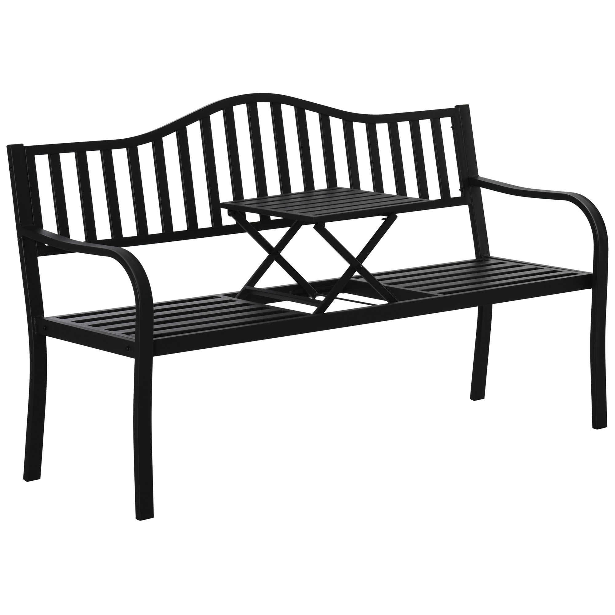 Outsunny Tuinbank met uitschuifbare tafel voor 2-3 personen Metalen parkbank Zitbank Terrasbank met rugleuning en armleuningen Tuinmeubels Zwart 150 x 58.5 x 90 cm