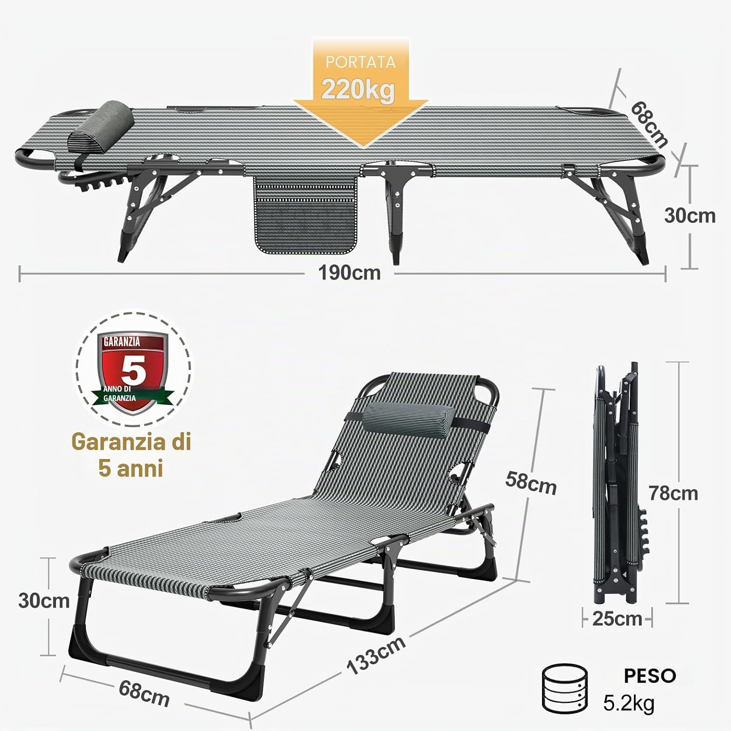 MOPHOTO Lettino prendisole pieghevole per giardino con materasso, schienale e gambe regolabili, portatile, per interni ed esterni, sedia a sdraio pieghevole per abbronzatura al sole, perfetta per