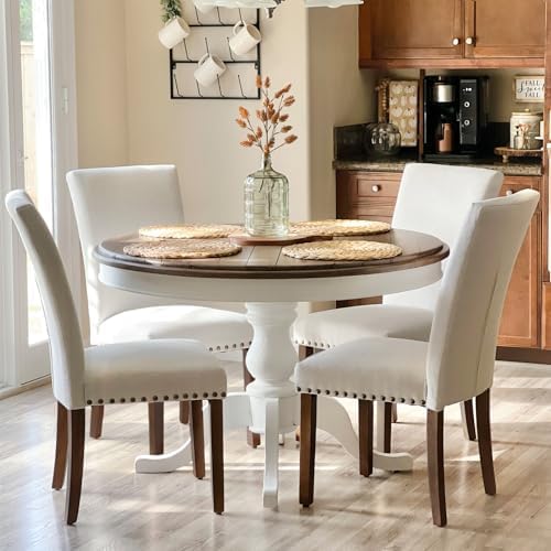 COLAMY Upholstered Parsons Dining Chairs Set of 2, Fabric Dining Room Kitchen Side Chair with Nailhead Trim and Wood Legs - Beige