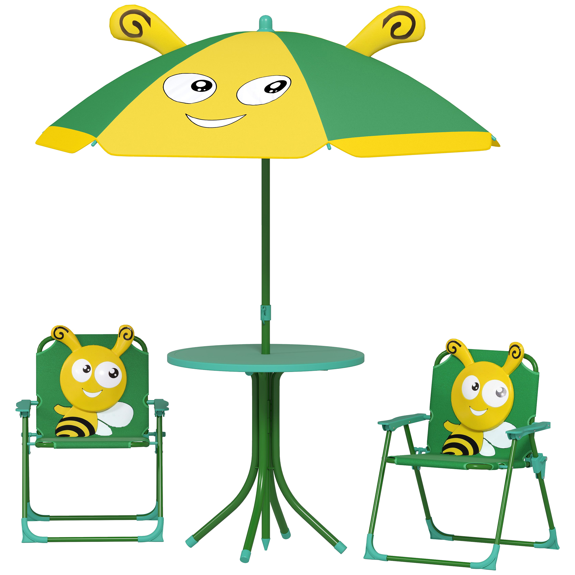 AIYAPLAY Gartenmöbel-Set für Kinder, Stühle, Tisch, Sonnenschirm, Bienen-Design, Grün+Gelb