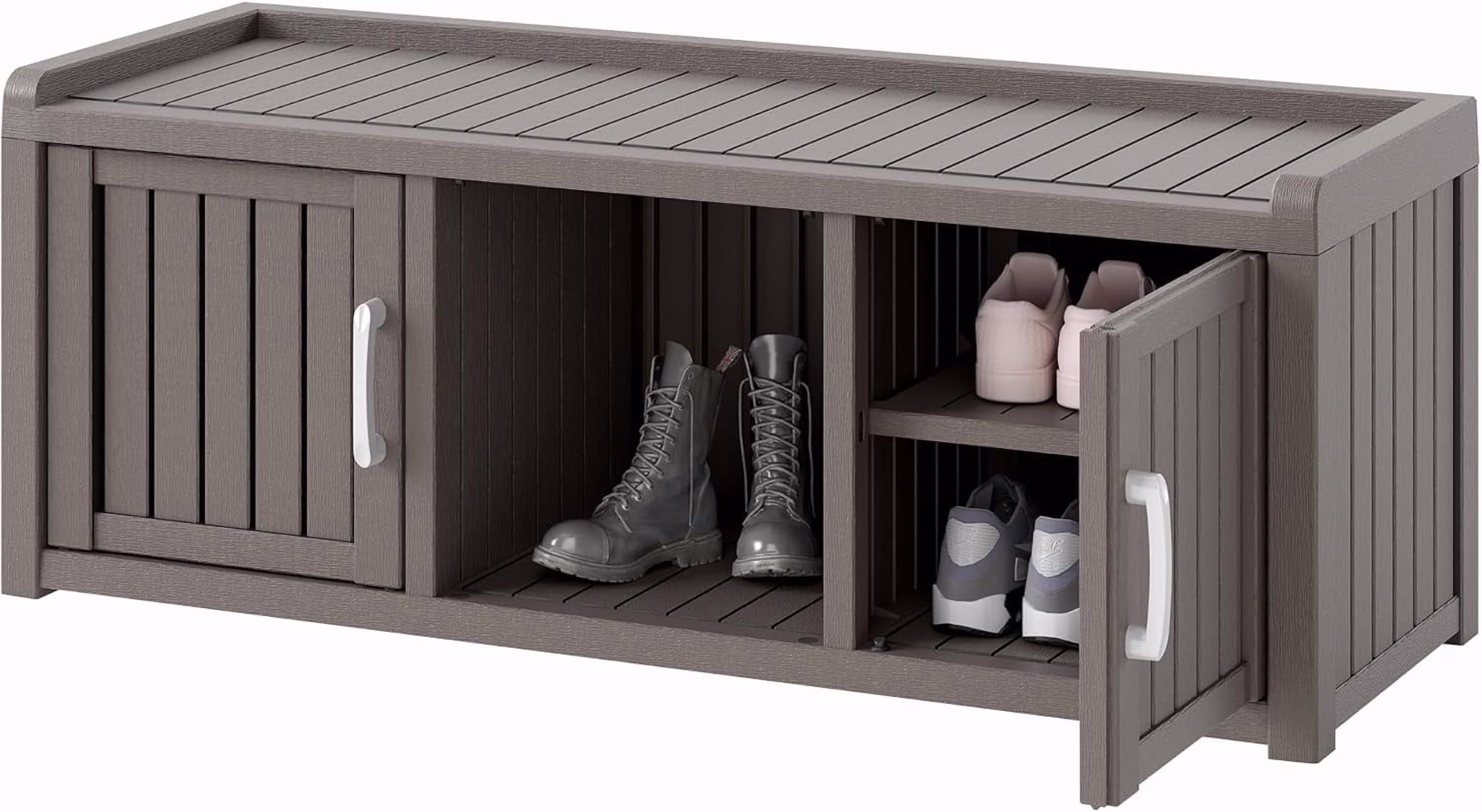 KAMABOKO Outdoor Shoe Storage Cabinet, Waterproof UV-Resistant Entryway Storage Bench Indoor Outdoor with 2 Barn Doors, Adjustable Shelves for Entryway, Bedroom, Hallway,Living Room(Black)