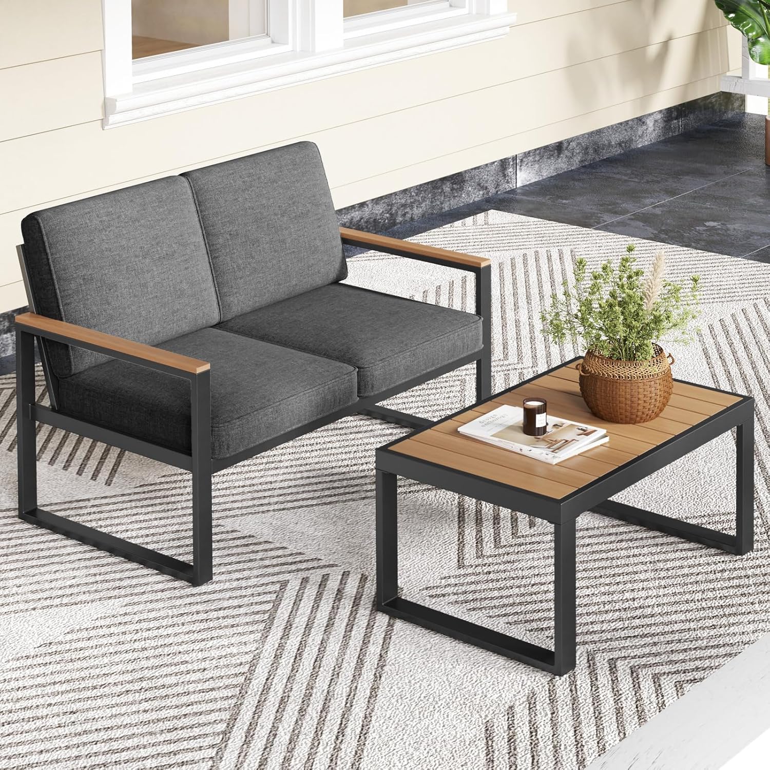 COSTWAY 2 Piece Aluminium Garden Set Garden Table and Armchair Set, Outdoor Conversation Set, Padded Sectional Sofa with Coffee Table, Patio Balcony