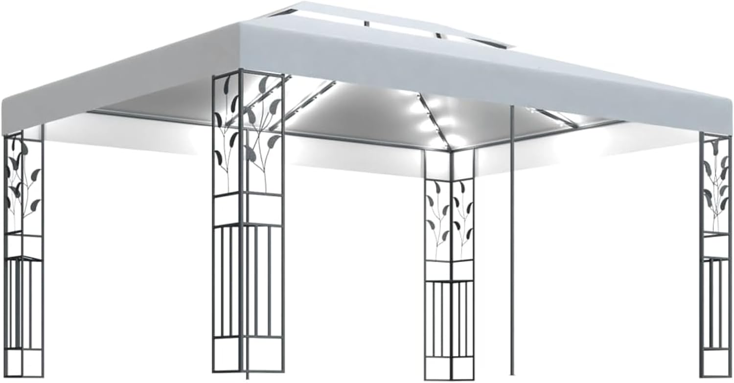 ARKEM Gazebo with Double Roof and String of LED Lights 3 x 4 m White, Pergola Gazebo with Waterproof Folding Tarpaulin and Rectangular Structure in High Density Stainless Steel, for Garden Furniture
