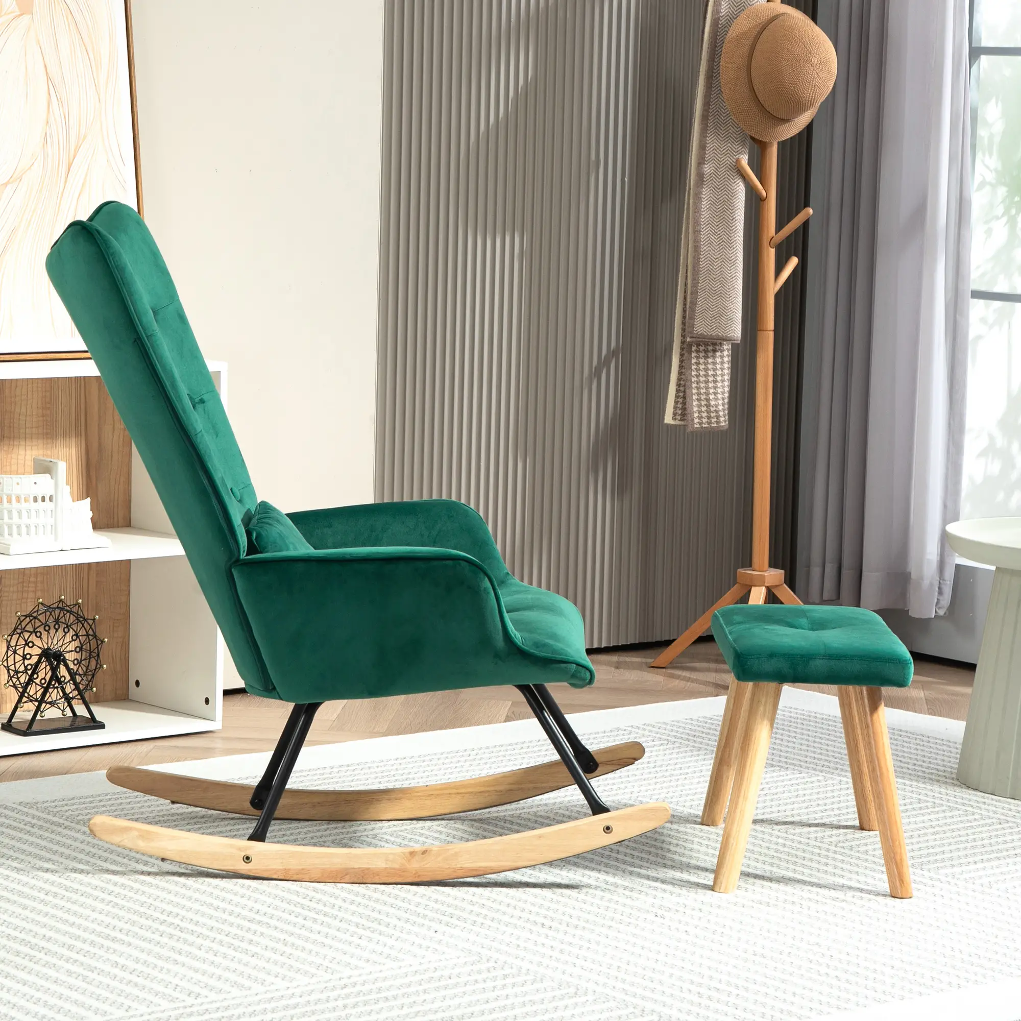 HOMCOM Relaxsessel mit Hocker Schaukelstuhl Set Samt grün