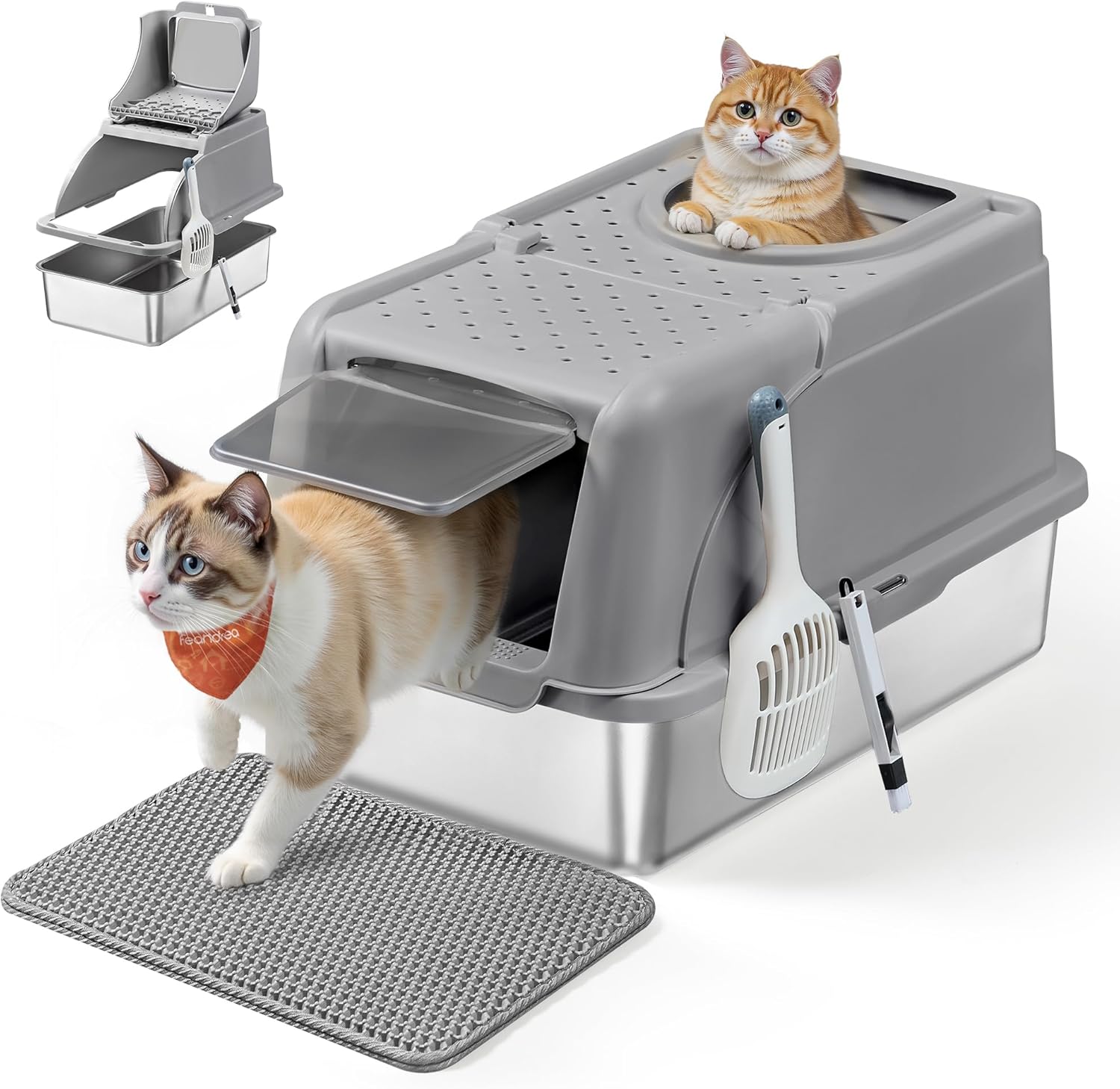 Feandrea Lettiera per Gatti in Acciaio Inossidabile con Coperchio Ribaltabile, Lettiera Chiusa XL Anti Perdite, Paletta, Spazzola, Doppio Ingresso, per Gatti fino a 15 kg, Beige Cappuccino PPT005K01