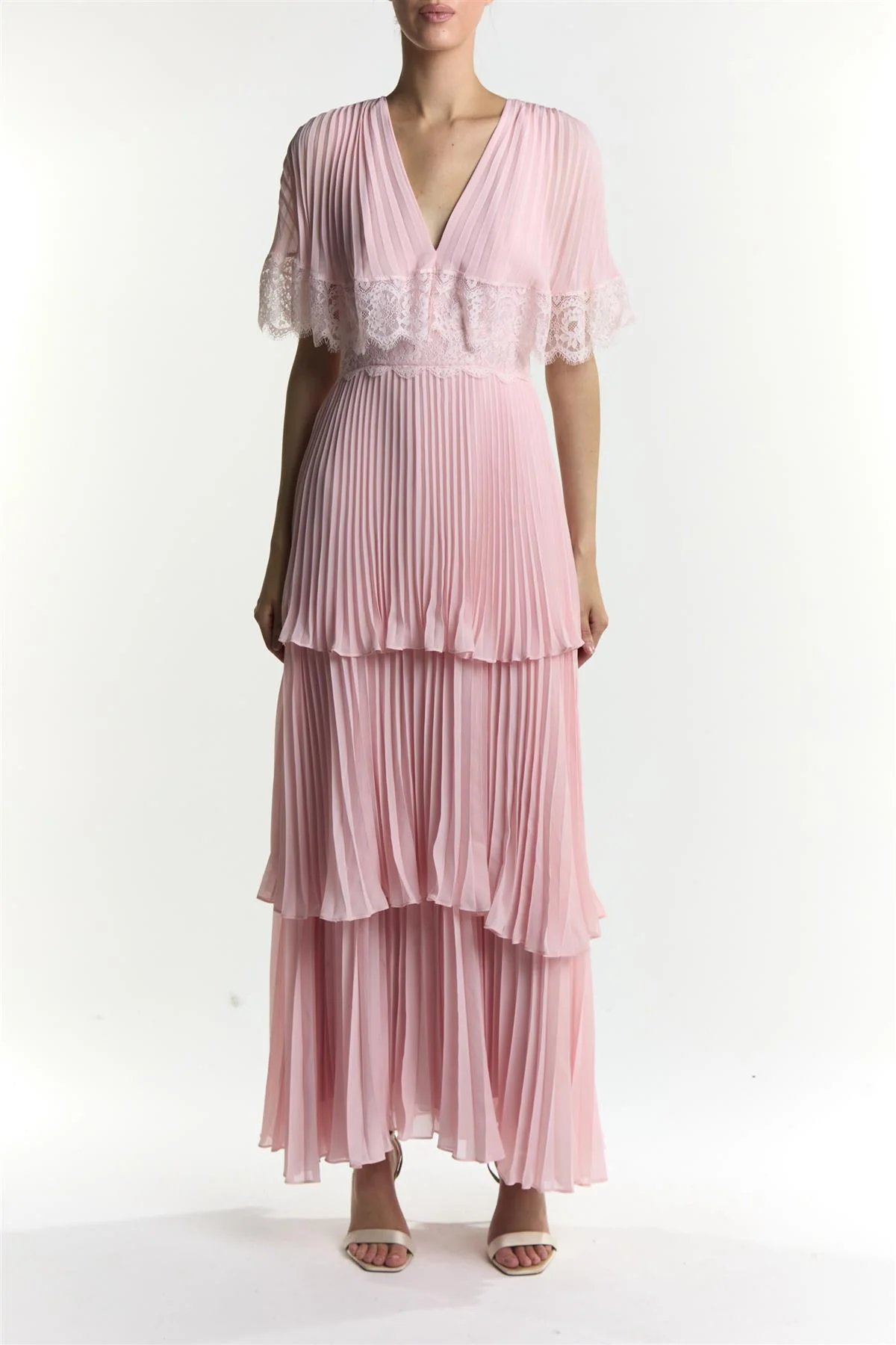 Julie Dusty Pink Pleated Lace Maxi Dress