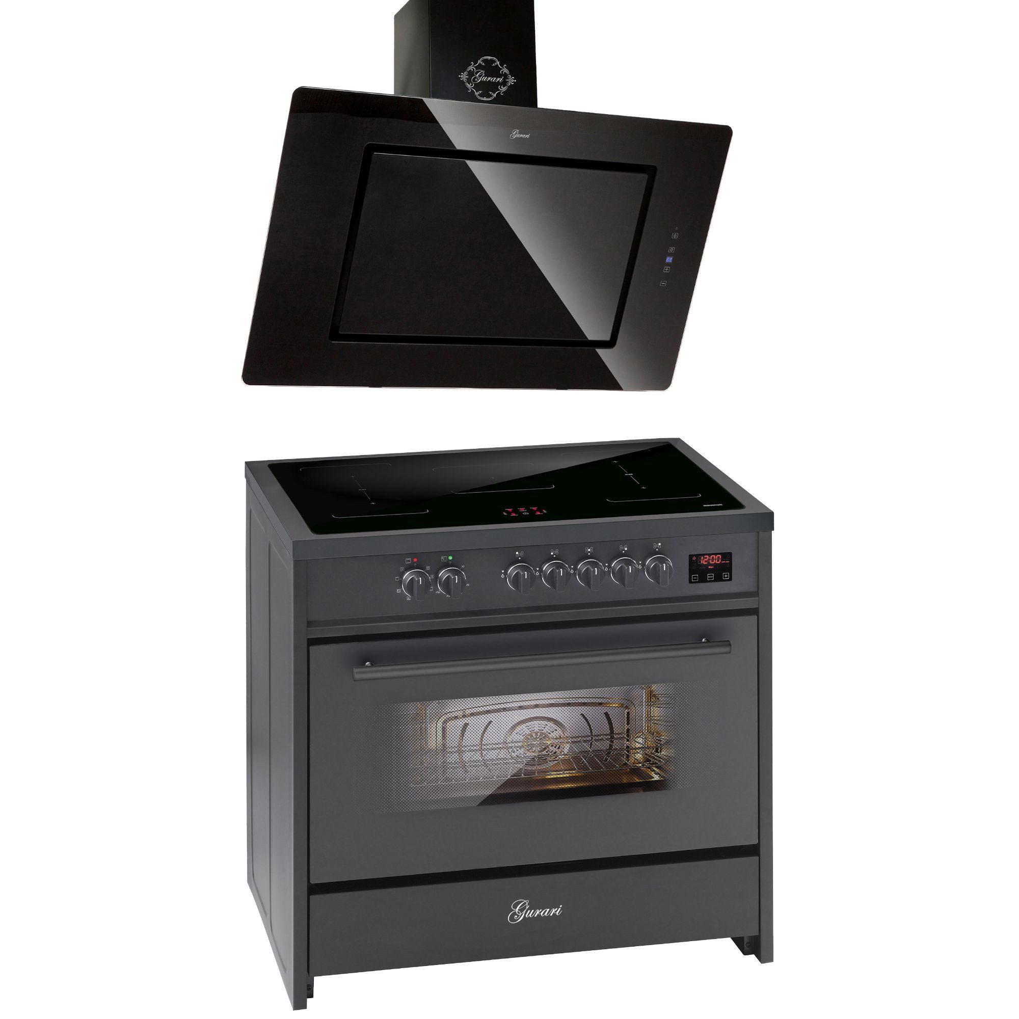 Induktions-Standherd Range Cooker 90 cm, Schwarz, 5 Kochzonen, 121L+Dunstabzugshaube 90 cm E 913 BL+GCH S 155 BL 90 Prime..