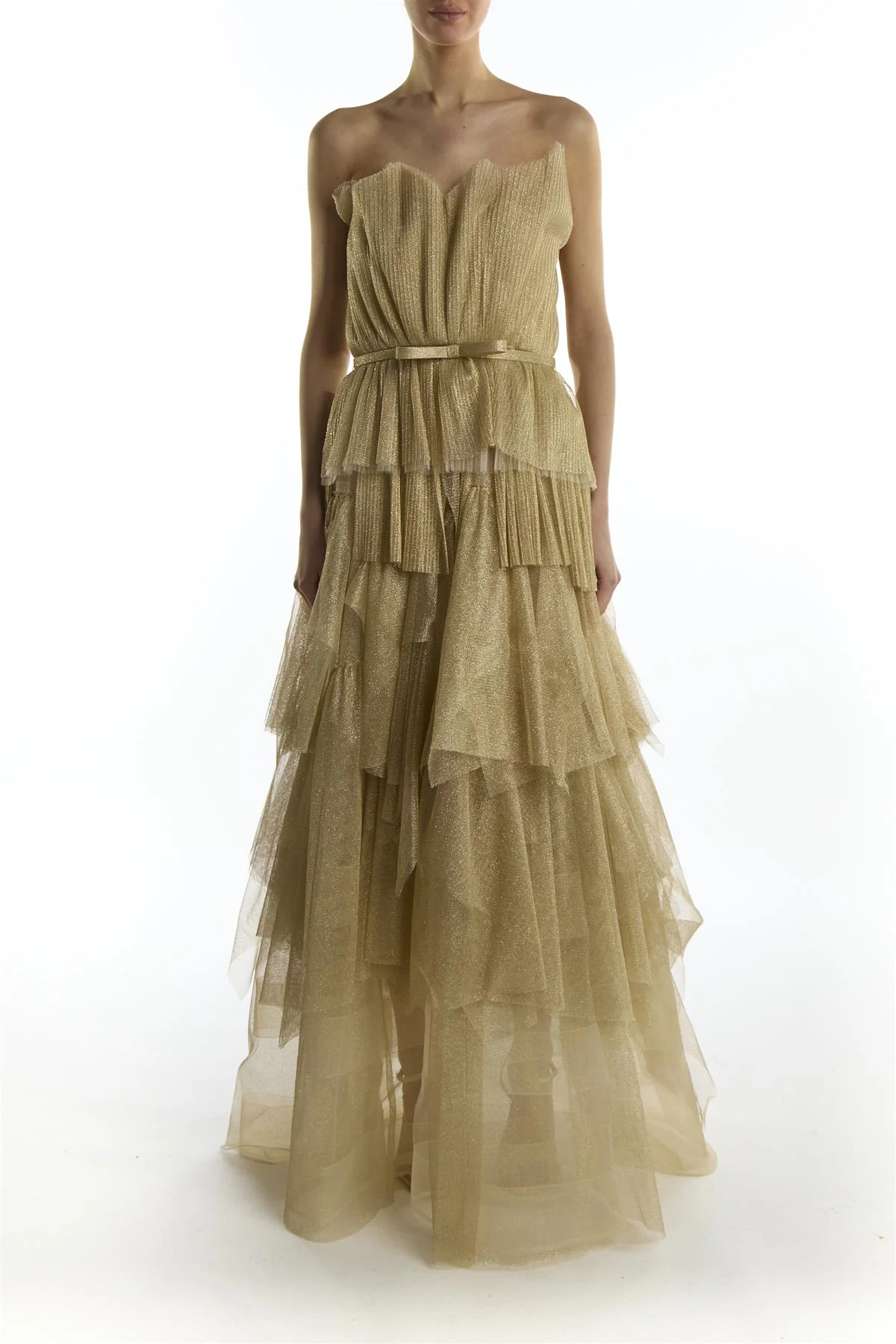Gold Glitter Tiered Strapless Organza Cocktail Dress