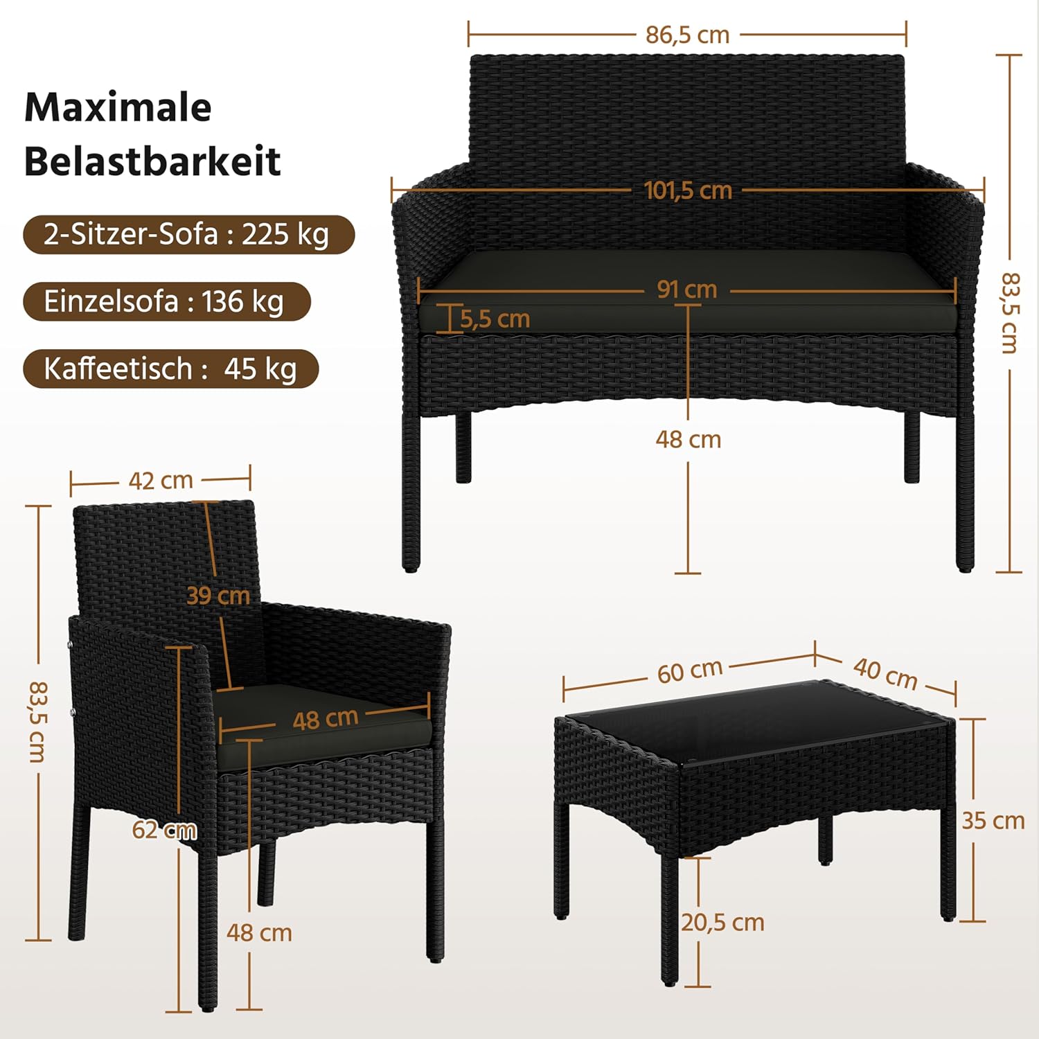 Yaheetech 4-er Gartenmöbel Set Balkonmöbel Set aus Polyrattan Terassenmöbel Außen mit 2er Sofa, 2 Stühle, Tisch & Sitzkissen für Terrasse/Balkon/Garten, Schwarz & Grau