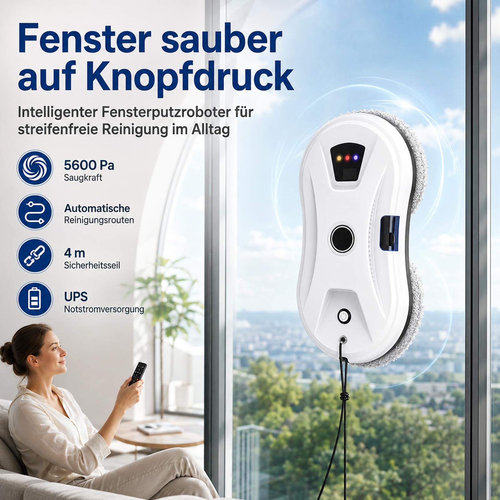 Fensterputzroboter Osmo RoboClean mit starker Saugkraft, Kantenerkennung und 3 Reinigungsmodi, automatischer Fensterreiniger mit Wassersprühen