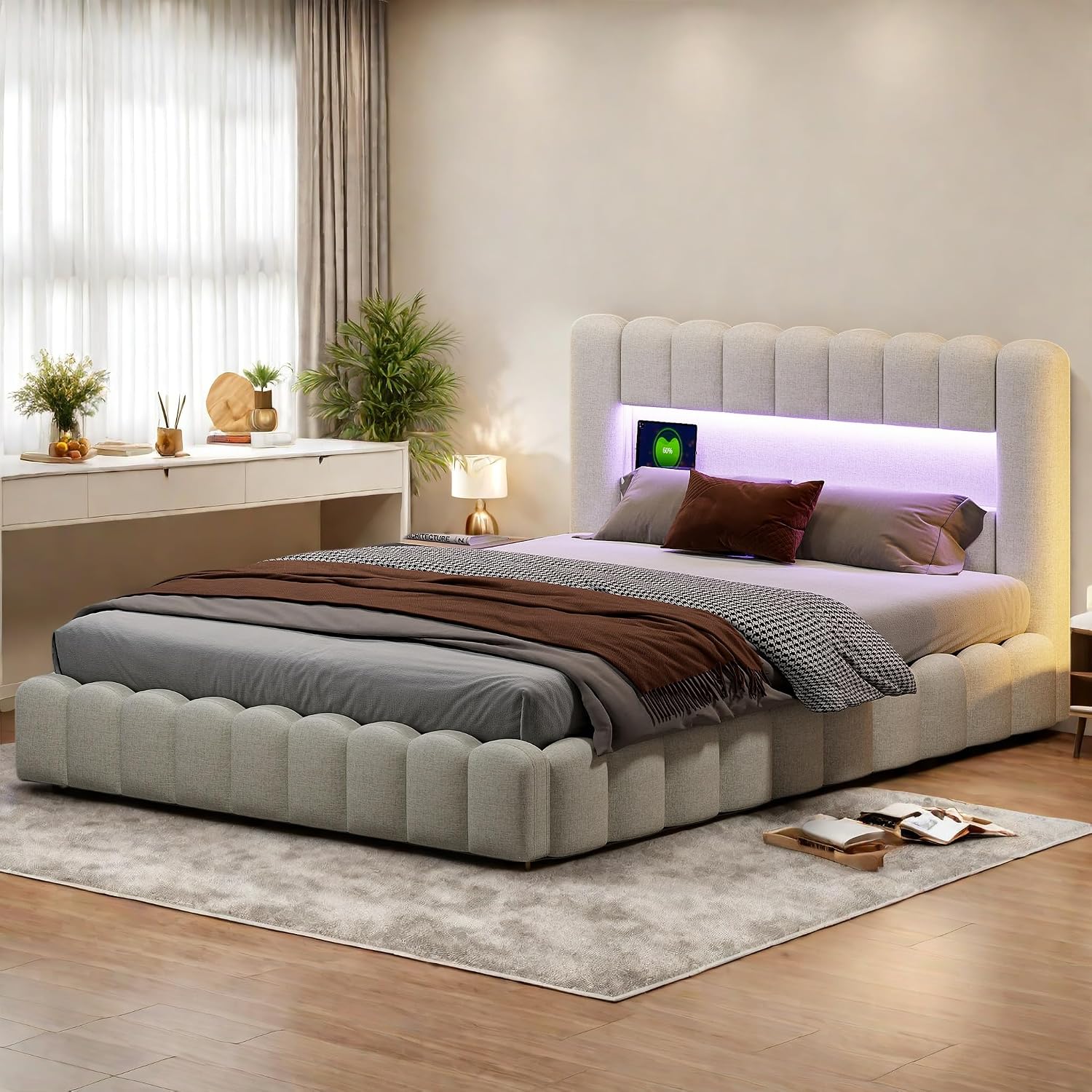 HFASD Bett, Beige, Bubble 140x200 Mit kasten, Polster Doppel Mit Hydraulisch Stauraum, Stauraum Mit LED Und USB Ladefunktion