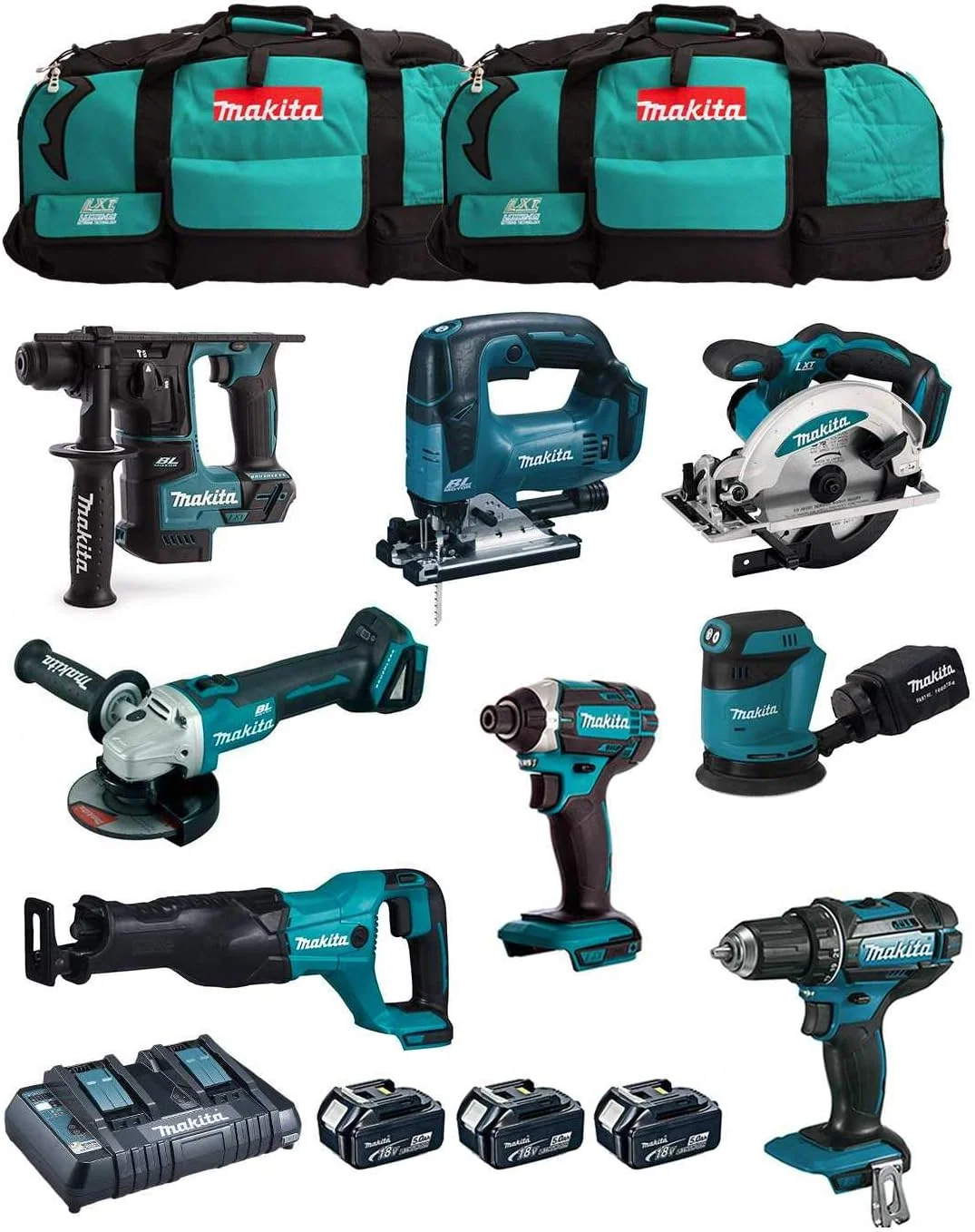 Makita Akkuschrauber, 5,0 Ah, 18 V, Türkis/Schwarz, MK801: 8-teiliges Profi-Werkzeug-Set (DDF482, DHR171, DGA504
