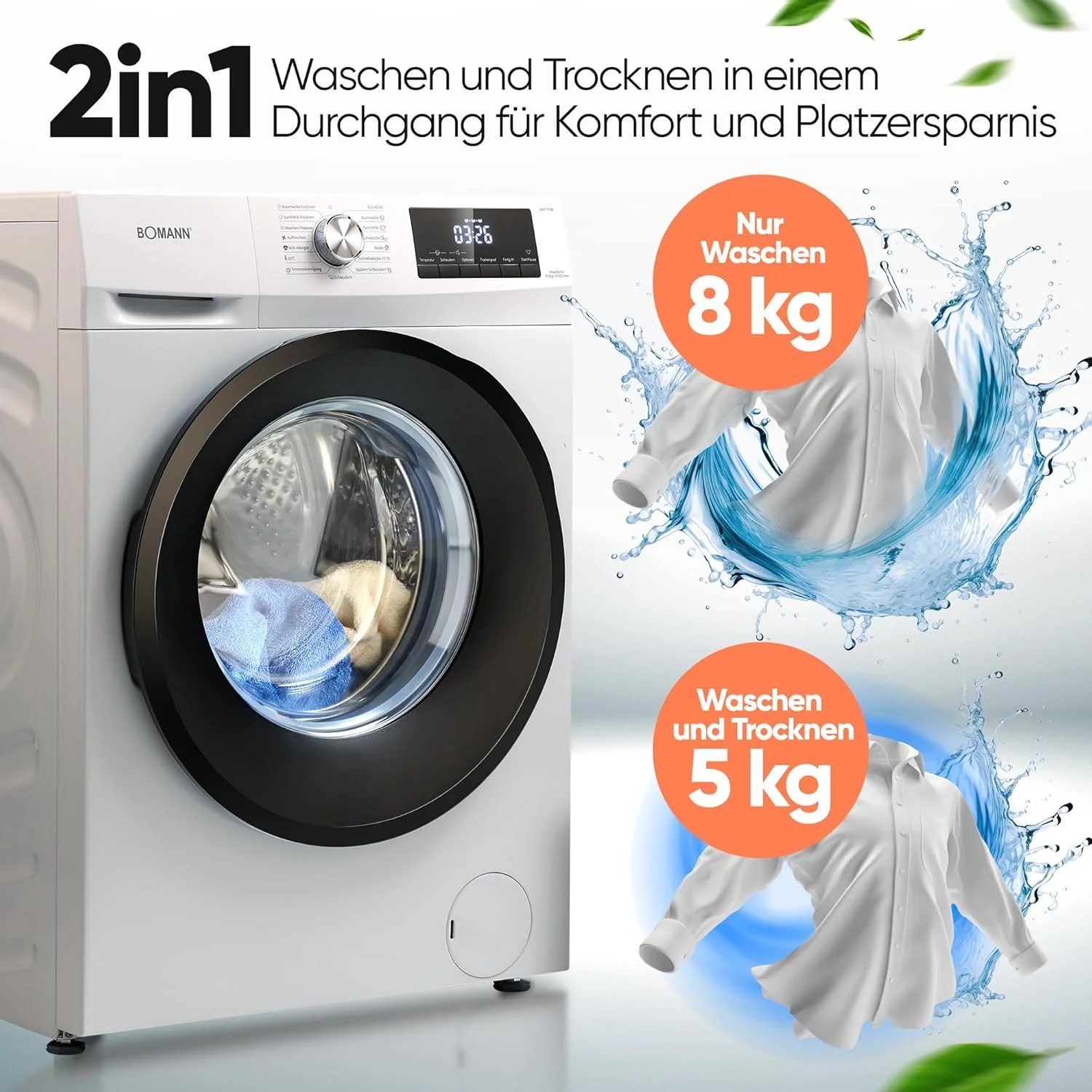 Bomann? Wasdroogcombinatie | Wassen en drogen in ����n cyclus | 8 kg wassen, 5 kg drogen | Inverter motor | 1400 tpm | Stoomfunctie | Ge?ntegreerde wasmachine met droger | WAT 7186 wit