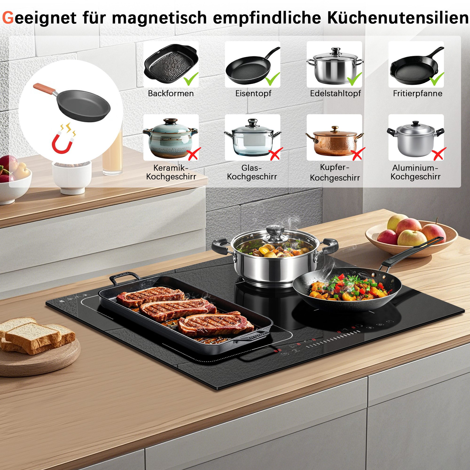 Induktions-Kochfeld 4-Zonen, Flexzone, Boost, Timer, 60 cm,7200W
