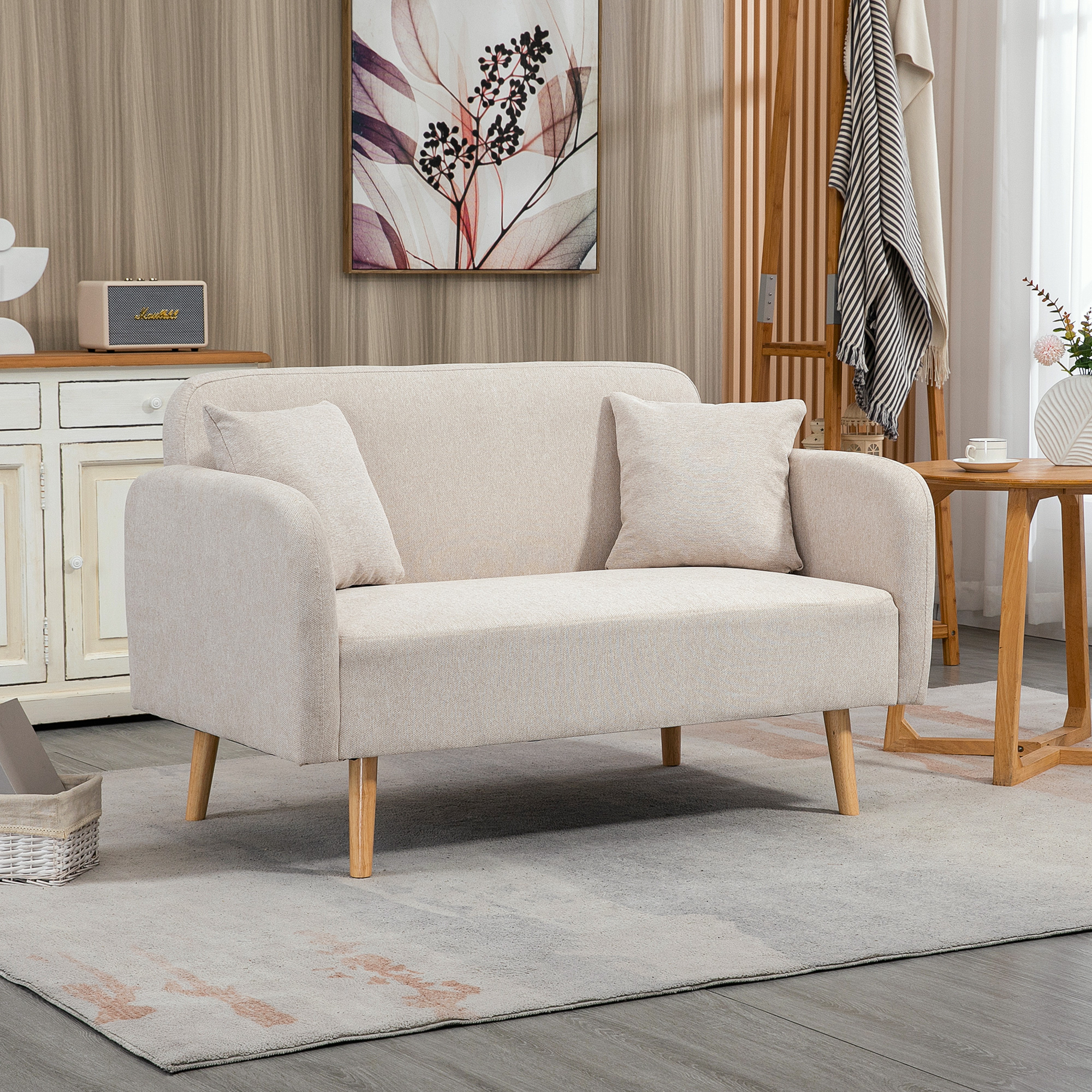 2-zitsbank, Moderne Design Bank, inclusief 2 kussens, houten poten, 130 x 70 x 80 cm, Cr��me