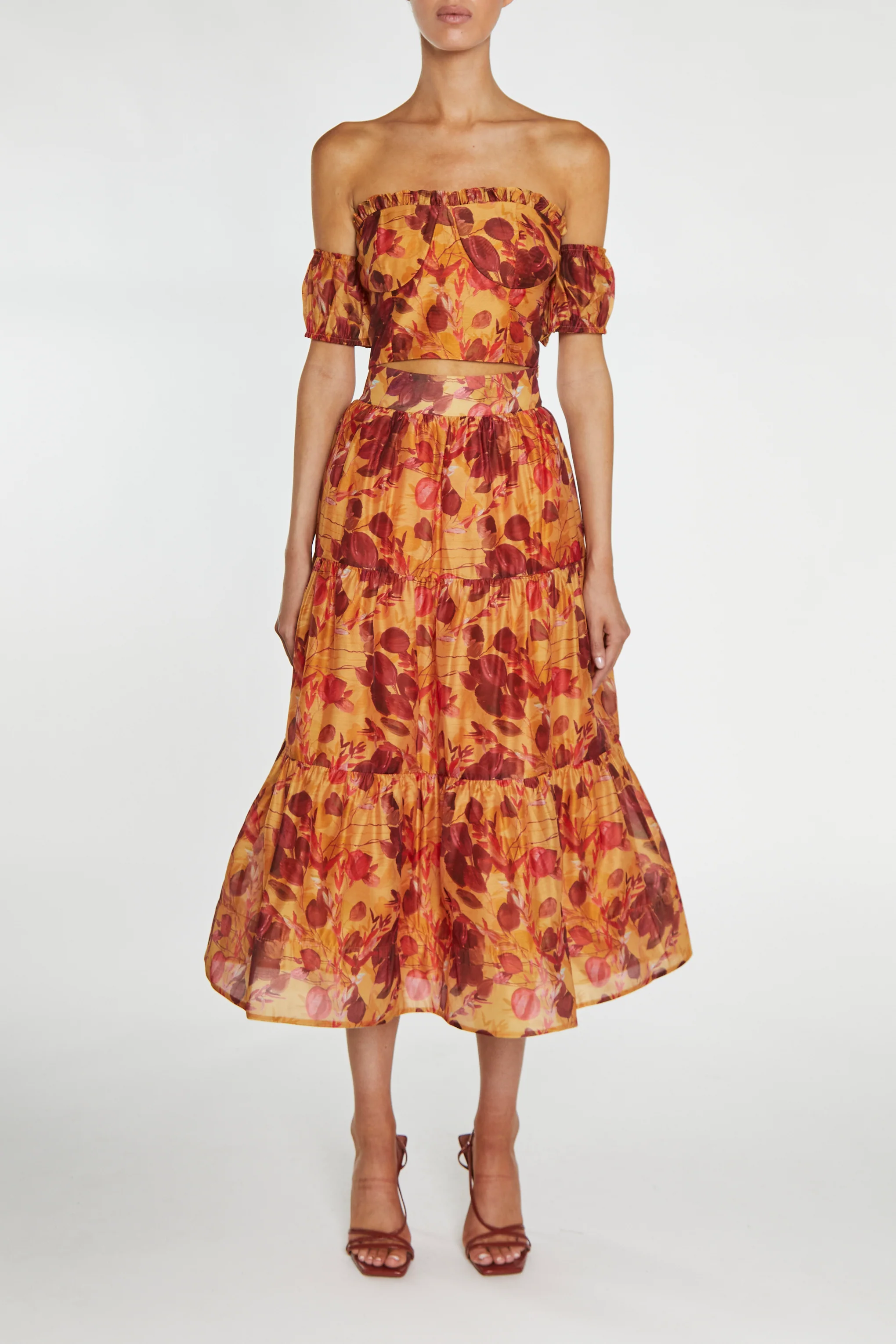 Phoebe Co-Ord Golden Leaf Print Bardot Crop-Top