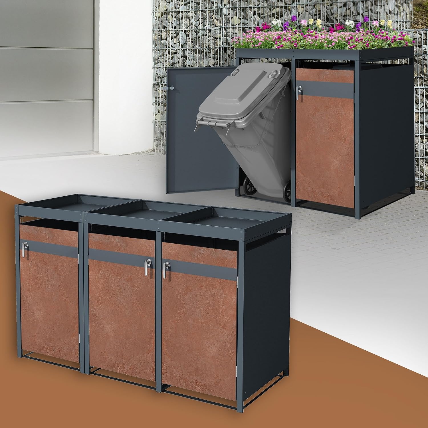 ML DESIGN modern living Mülltonnenbox, 200x80x124 cm, 240 L, Grau/Rotbraun, ML- 3er mit Pflanzdach für 3 Tonnen