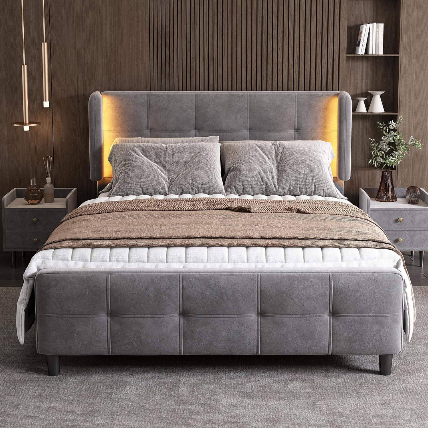 Soweiz Modern Padded Full Bedroom Set 1 Bedside Table + Stool Double Bed Side Ears Bedside Table Velvet Grey (140 x 200cm)