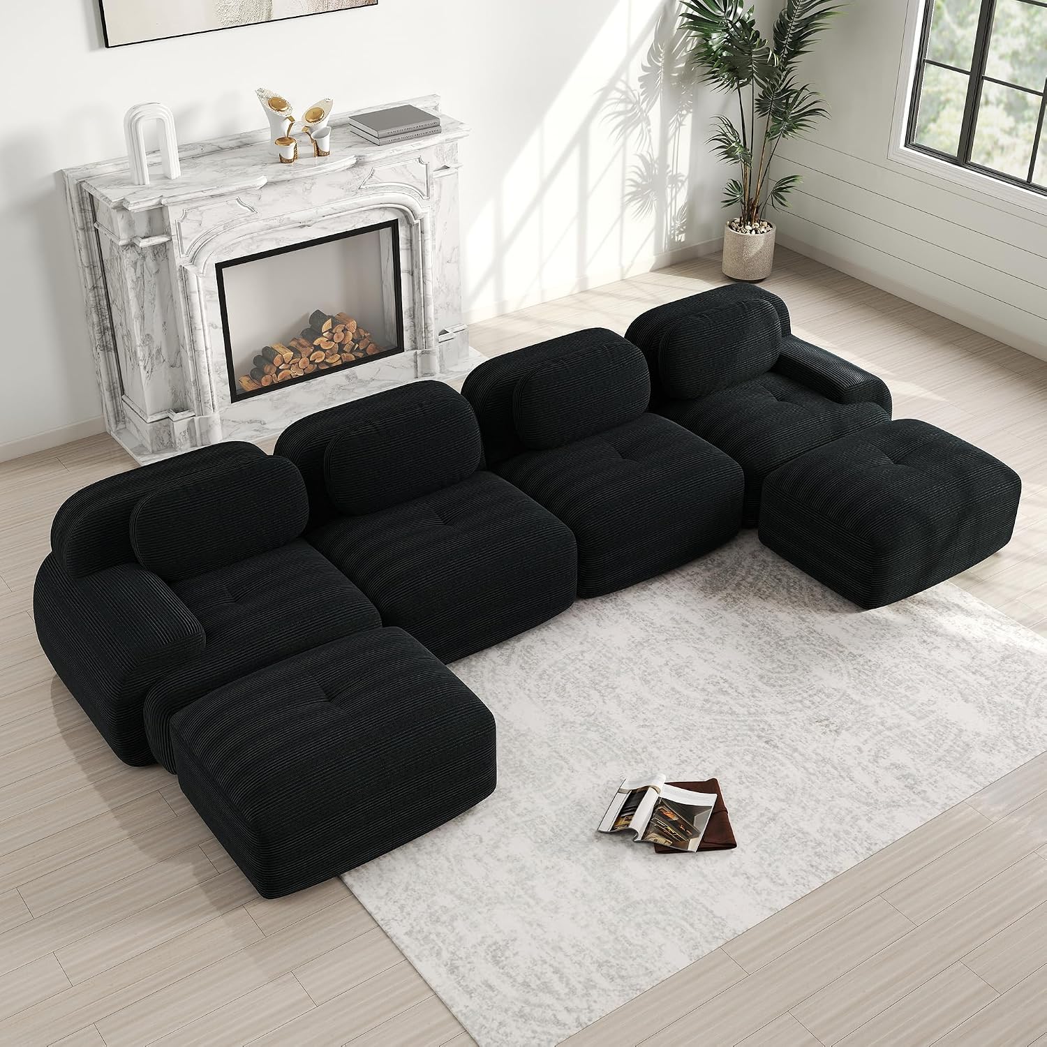 Bladez Modernes 4-Sitzer Cord Sofa Modulares U-förmiges Ecksofa mit Ottoman Hocker, Ohne Montage, für Wohnzimmer